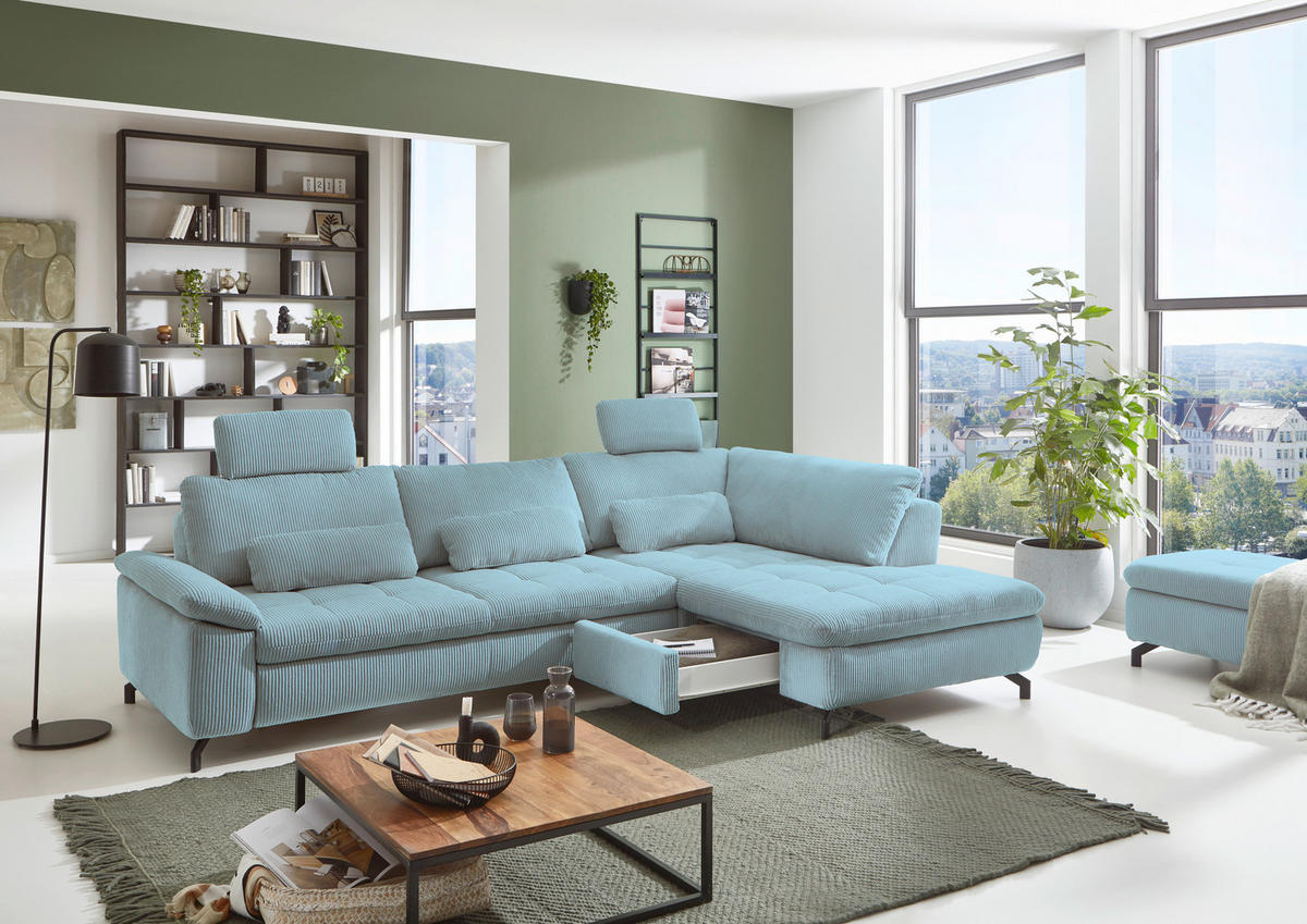ECKSOFA in Cord, Velours Hellblau  - Schwarz/Hellblau, Design, Textil/Metall (291/197cm) - Beldomo Style