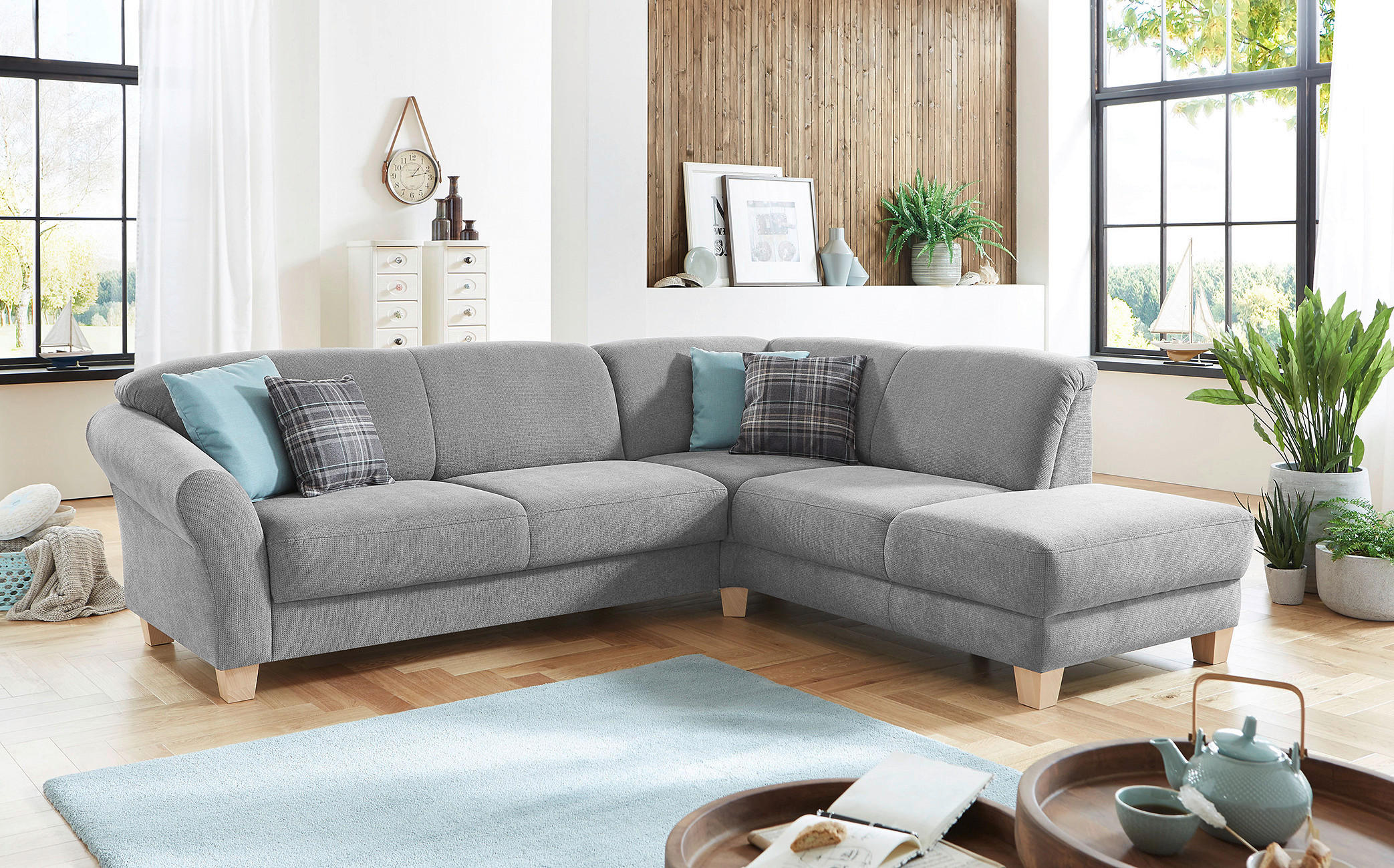 ECKSOFA in Flachgewebe Silberfarben  257/212 cm  - Silberfarben/Naturfarben, KONVENTIONELL, Holz/Textil (257/212cm) - Sit & More