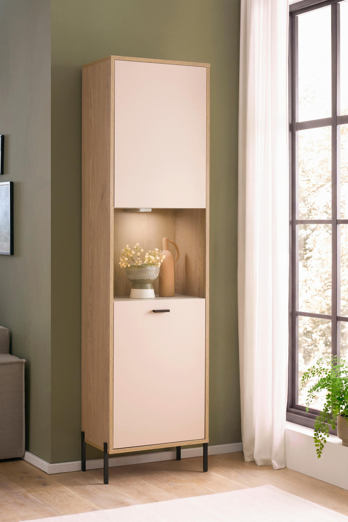 VITRINE  in Eichefarben, Kaschmir - Kaschmir/Eichefarben, Design, Holzwerkstoff/Metall (55/206/35cm) - MID.YOU