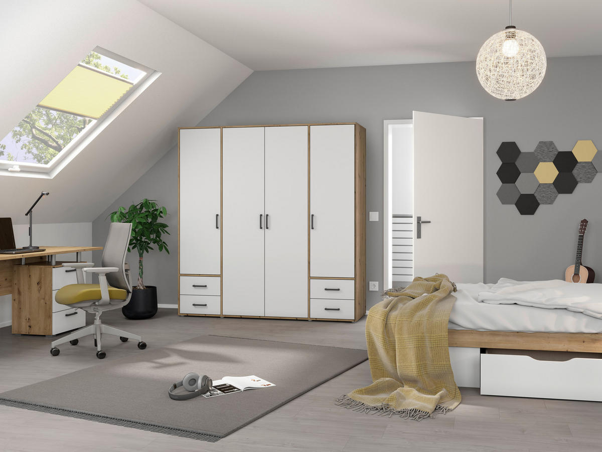 DREHTÜRENSCHRANK in Weiss, Eiche Artisan  - Weiss/Eiche Artisan, Modern, Holzwerkstoff/Kunststoff (187/194/53cm) - Rauch Möbel