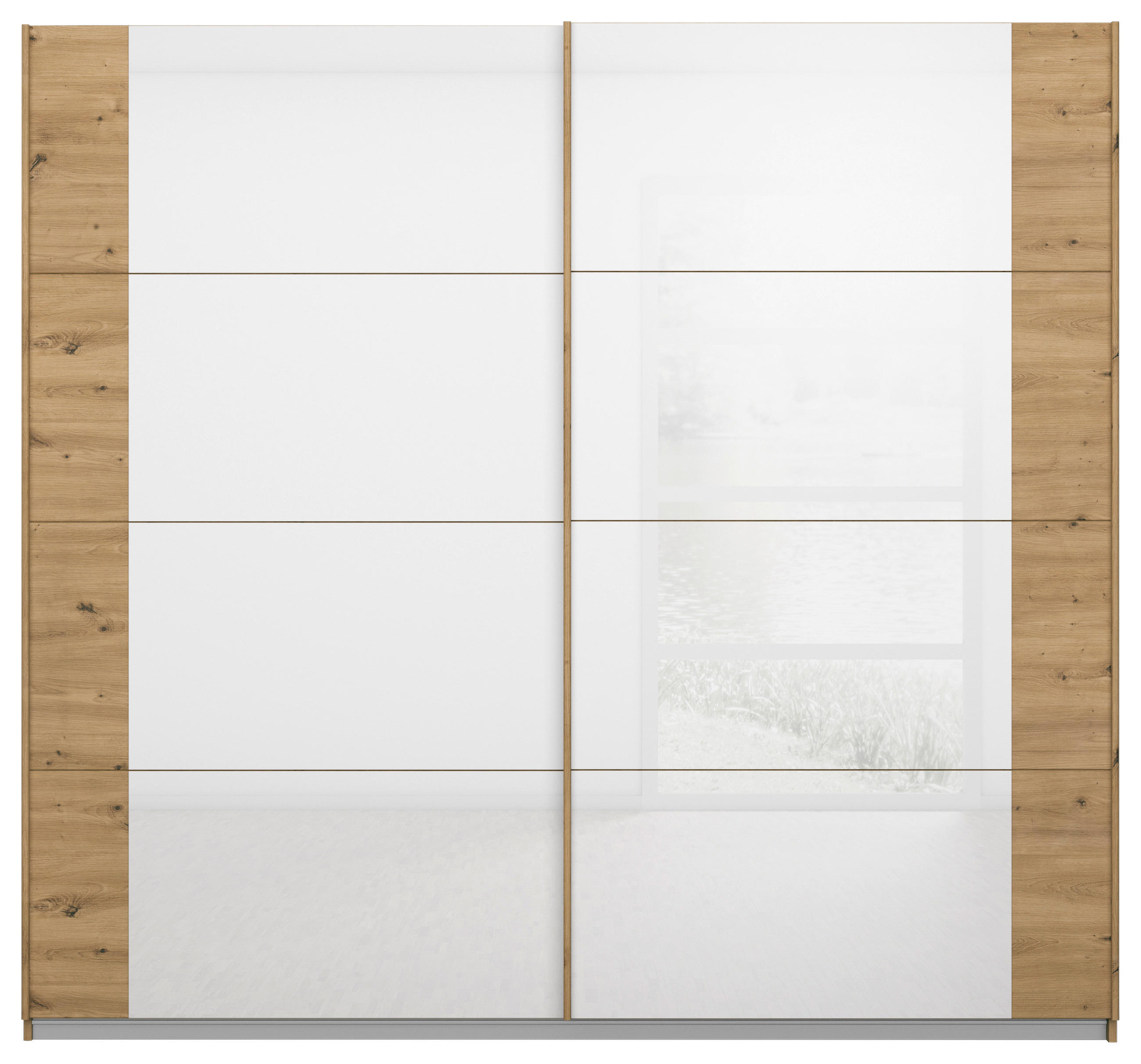 SCHWEBETÜRENSCHRANK in Eiche Artisan, Weiss - Weiss/Eiche Artisan, Modern, Glas/Holzwerkstoff (226/210/62cm) - Rauch Möbel