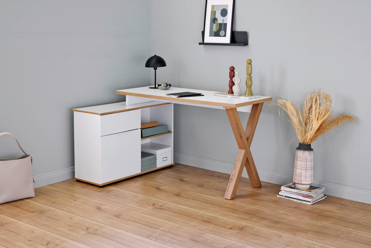 ECKSCHREIBTISCH 140/95/76 cm  in Weiss, Eichefarben  - Weiss/Eichefarben, Modern, Holzwerkstoff/Metall (140/95/76cm) - Livetastic