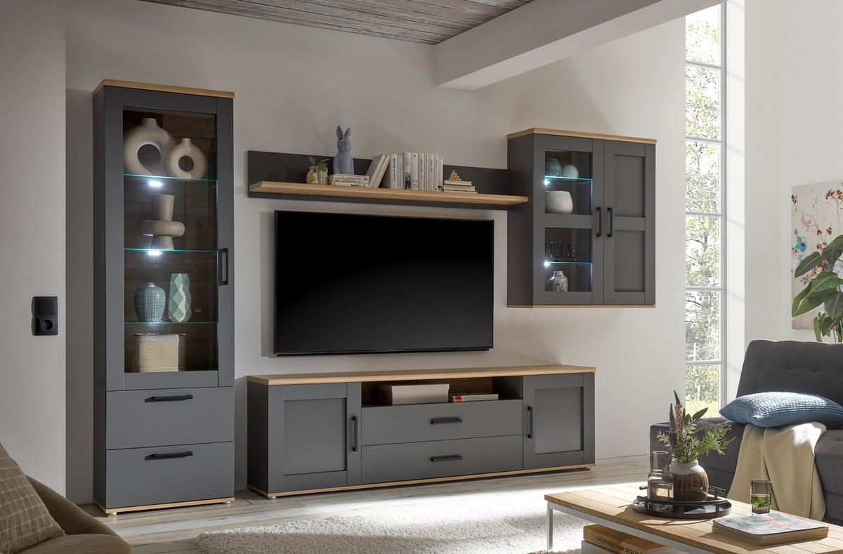 TV-ELEMENT siva, hrast artisan  - srebrne barve/siva, Trendi, umetna masa/leseni material (200/60/38cm) - Carryhome