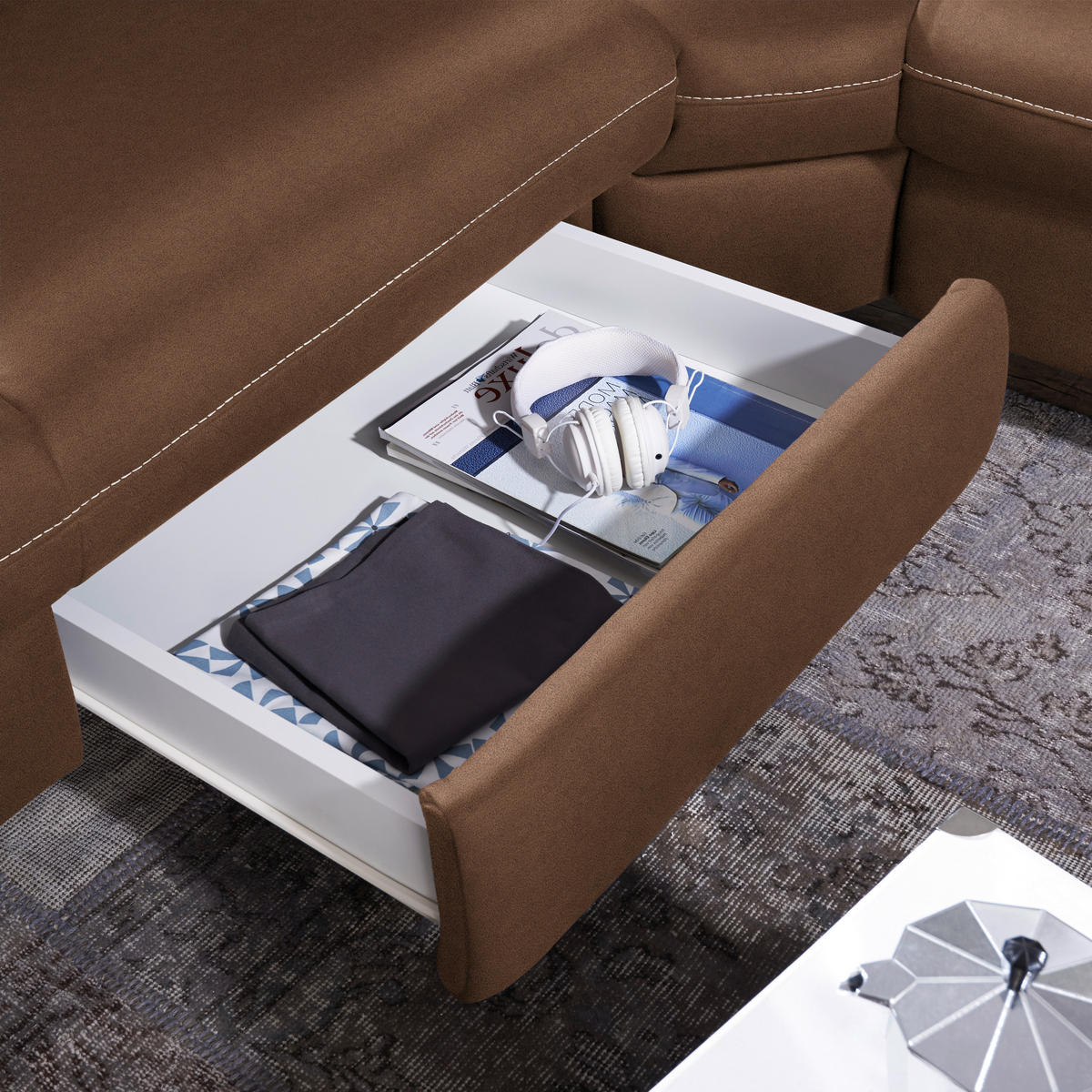 ECKSOFA in Flachgewebe, Mikrofaser Braun  - Beige/Alufarben, Design, Textil/Metall (239/271cm) - Cantus