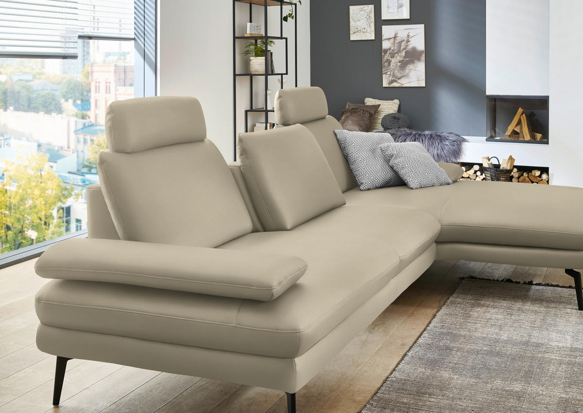 ECKSOFA in Echtleder Creme, Naturfarben  - Creme/Schwarz, Design, Leder/Metall (310/180cm) - Dieter Knoll