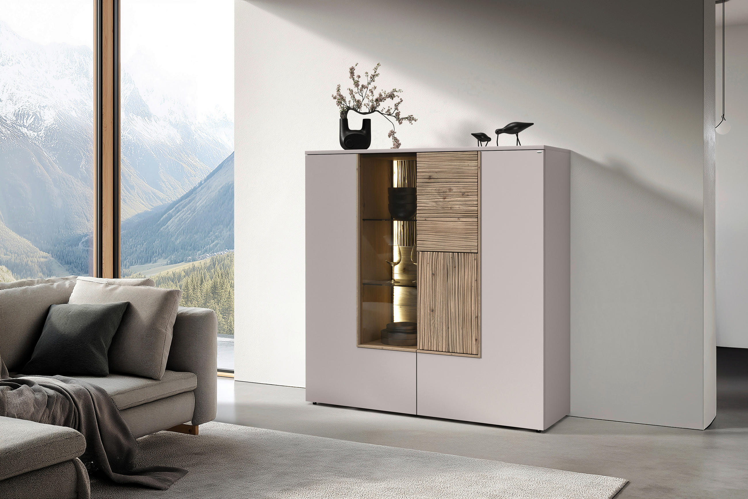 HIGHBOARD Taupe, Wildeiche  127,9/132/42,9 cm  - Taupe/Wildeiche, Design, Glas/Holz (127,9/132/42,9cm) - Voglauer