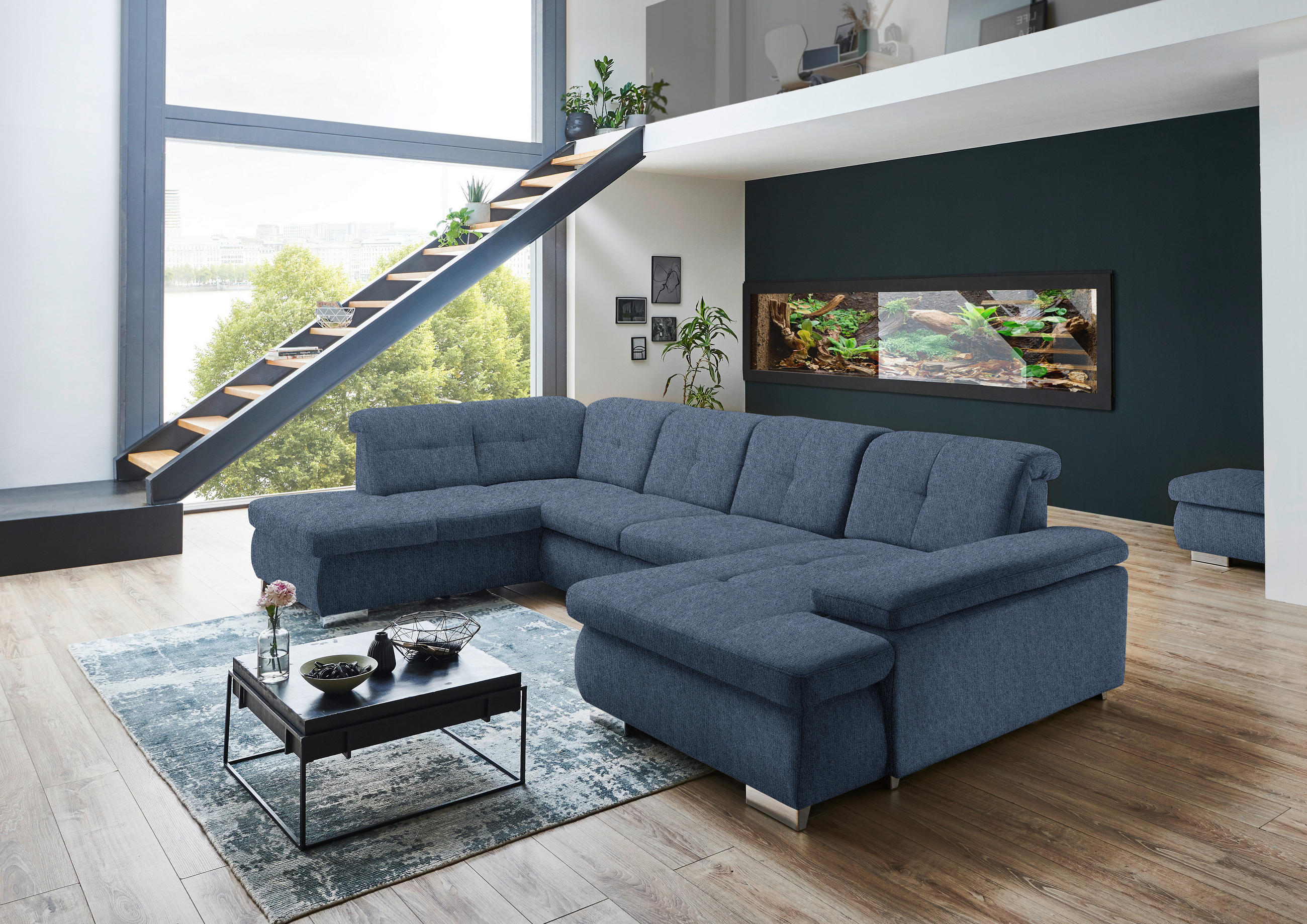 WOHNLANDSCHAFT in Webstoff Blau  - Blau/Schwarz, Design, Textil/Metall (210/337/174cm) - Beldomo Style