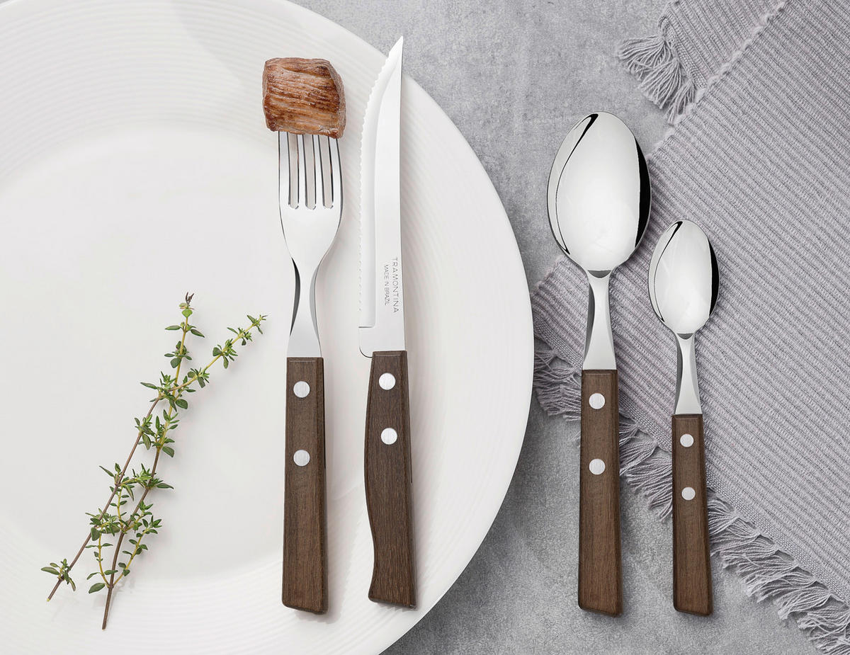 BESTECKSET TRADICIONAL 24-teilig Edelstahl  für 6 Personen  - Edelstahlfarben/Braun, Design, Holz/Metall - TRAMONTINA