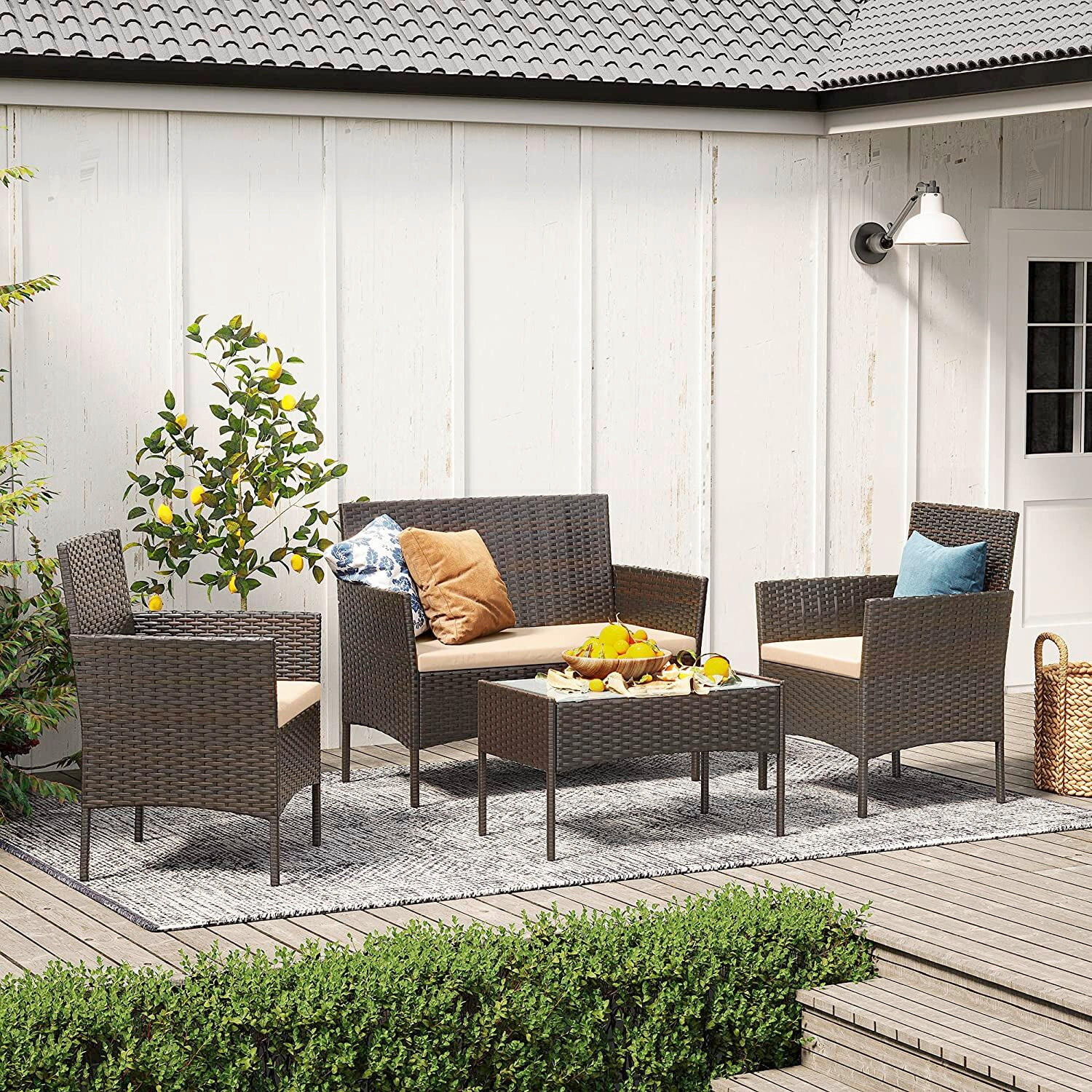 GARTENSET 4-teilig Flachgewebe Stahl 4-teilig  - Dunkelbraun/Beige, MODERN, Glas/Kunststoff - Modante