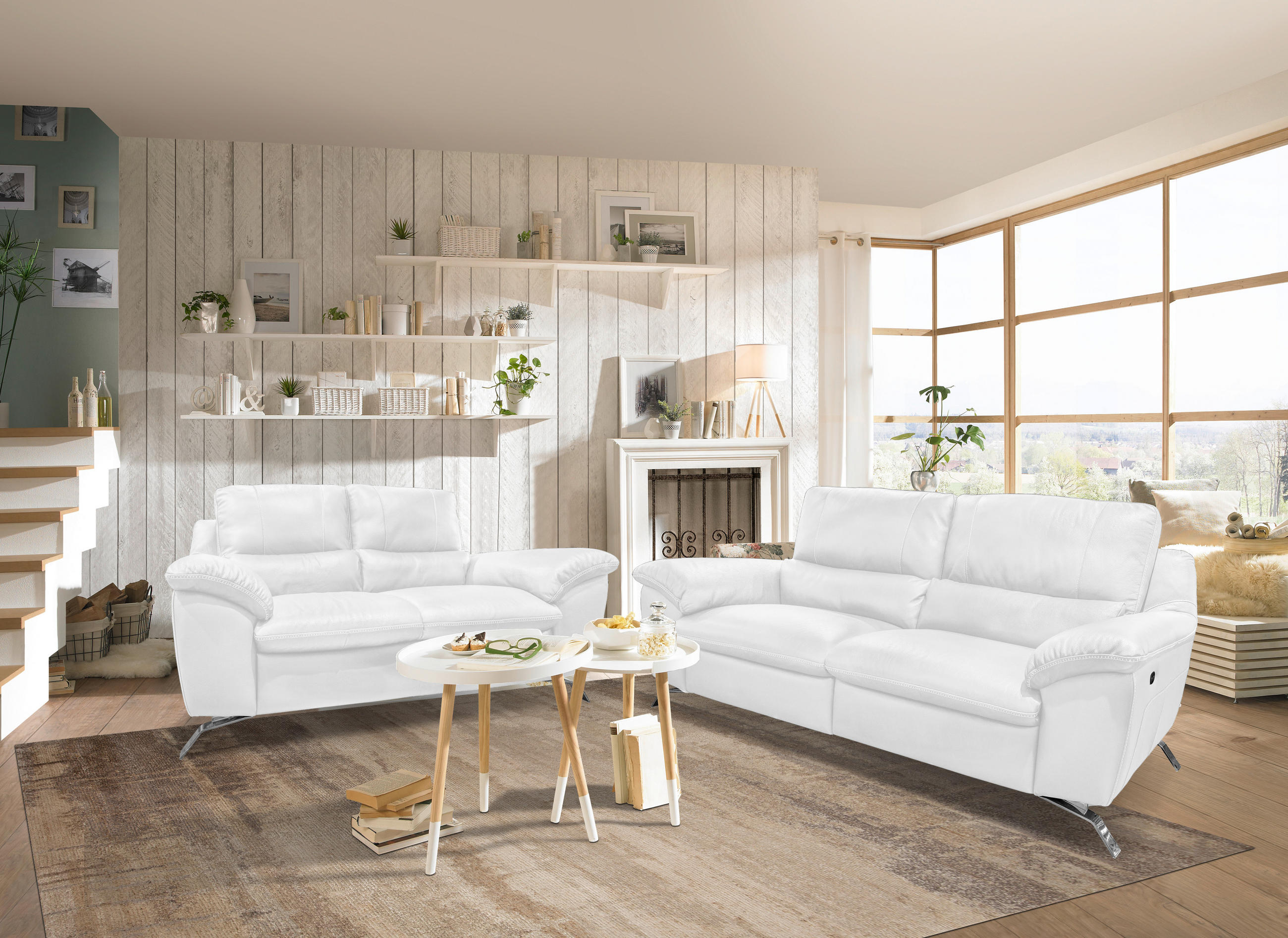 2,5-SITZER mit Relaxfunktion in Kombination Echtleder/Lederlook Weiss  - Weiss/Silberfarben, Design, Leder/Metall (216/97/95-151cm) - Livetastic