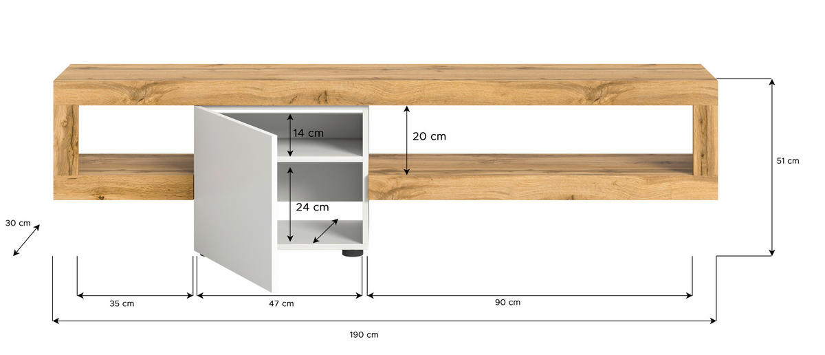 LOWBOARD  in 190/51/30 cm  - Eichefarben/Schwarz, Design, Holzwerkstoff/Kunststoff (190/51/30cm) - MID.YOU