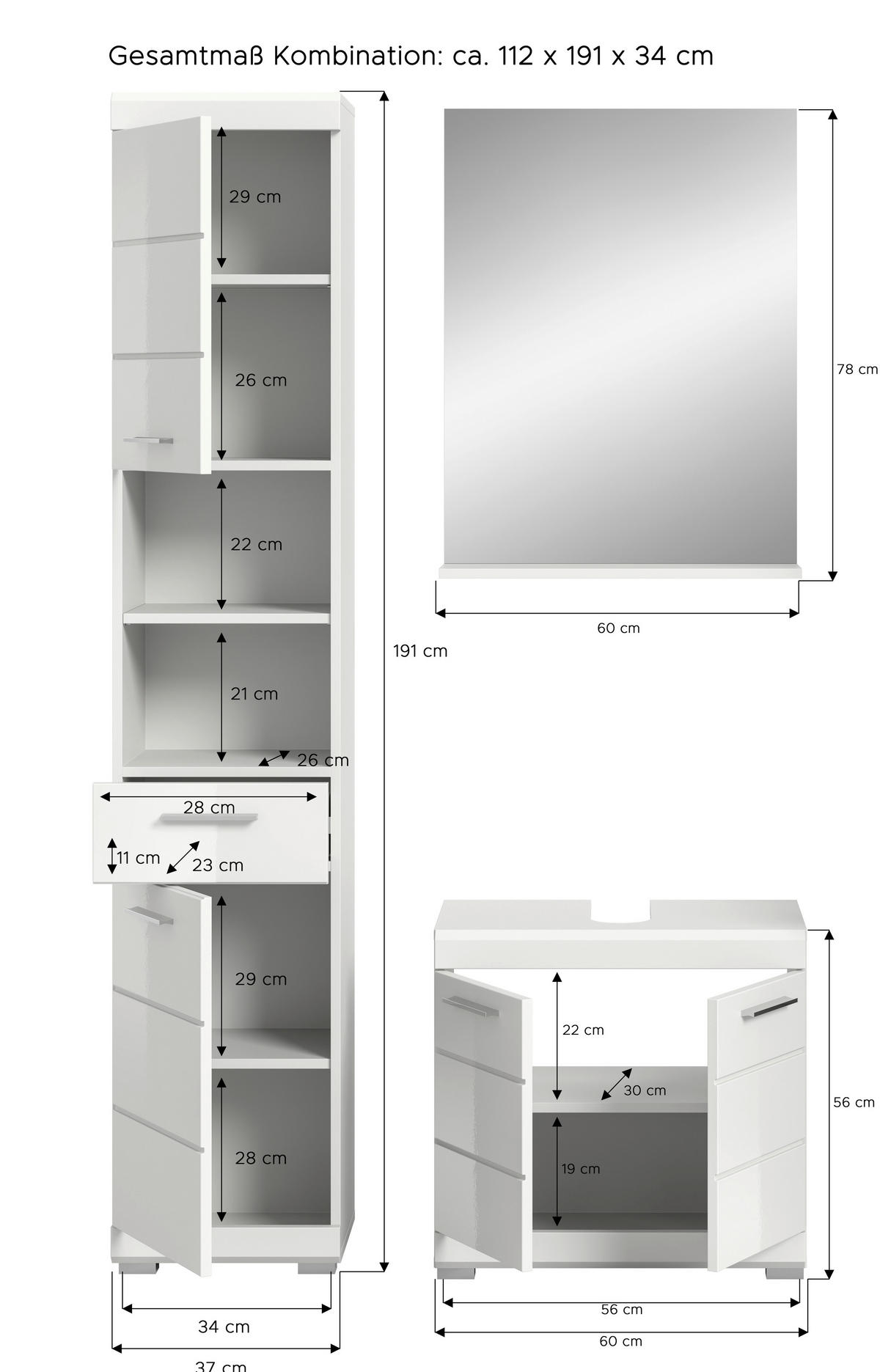 BADEZIMMER 3-teilig  in 97 cm  - Weiß Hochglanz/Silberfarben, MODERN, Glas/Holzwerkstoff (97cm) - MID.YOU