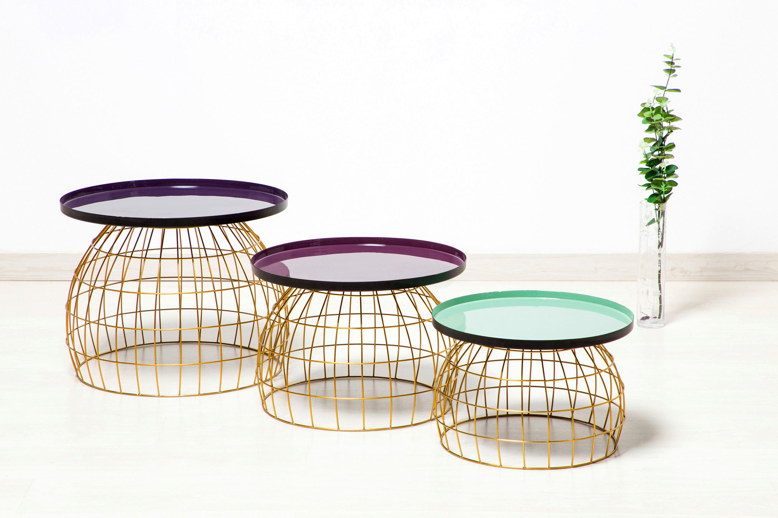 SADA PRÍRUČNÝCH STOLÍKOV, fialová, svetlozelená, slivková - slivková/svetlozelená, Design, kov - MID.YOU