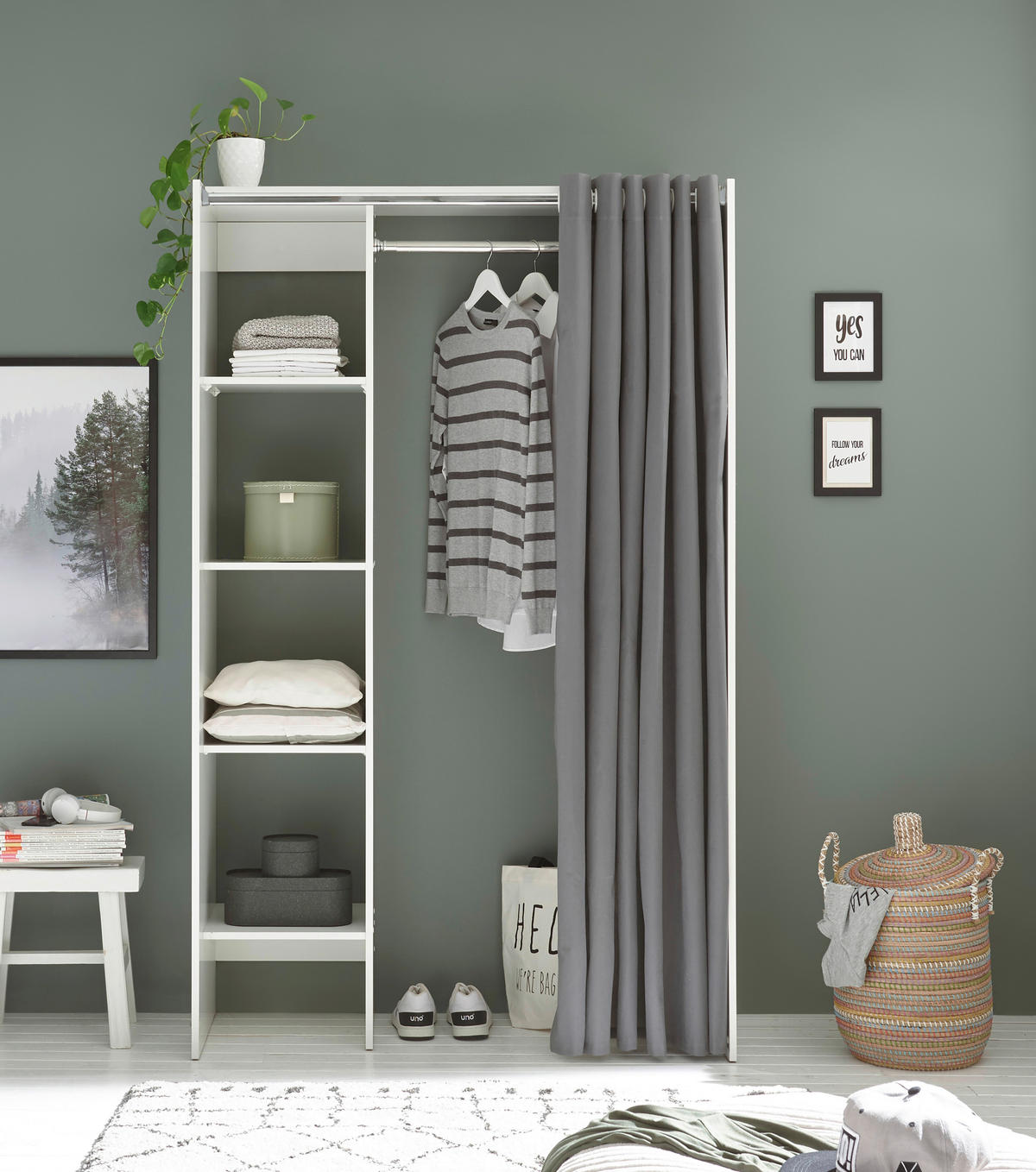 OTVORENI ORMAR ZA ODJEĆU     - bijela/siva, Basics, drvni materijal/tekstil (120-157/195/50cm) - MID.YOU