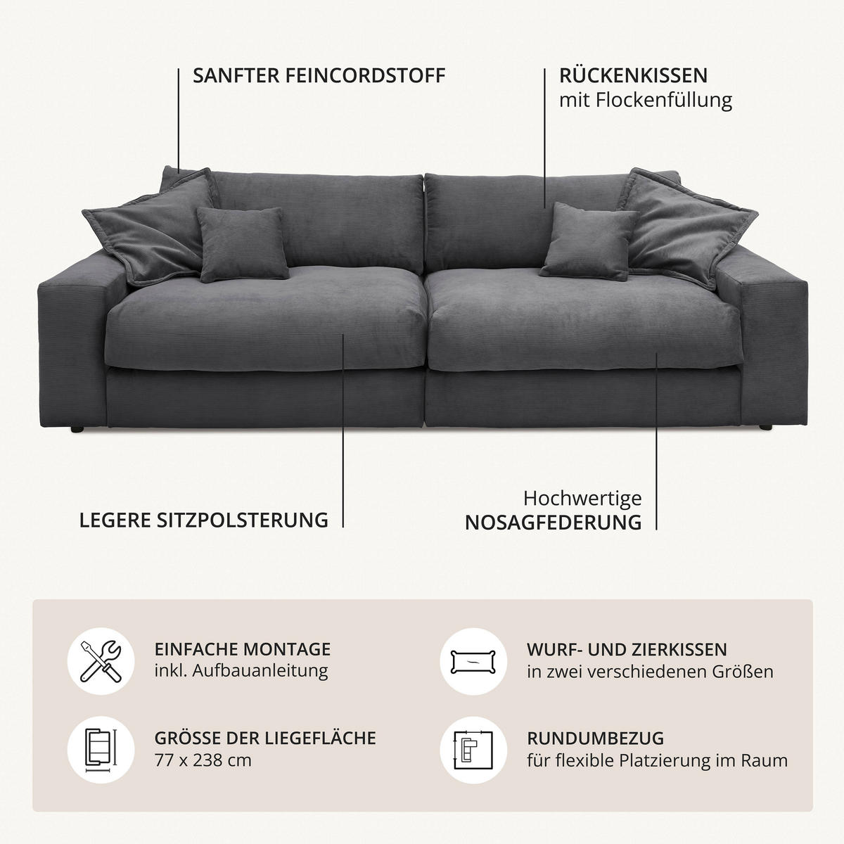 3-SITZER-SOFA KAMIL Cord Grün  - Schwarz/Grün, MODERN, Textil (298/95/122cm) - P & B
