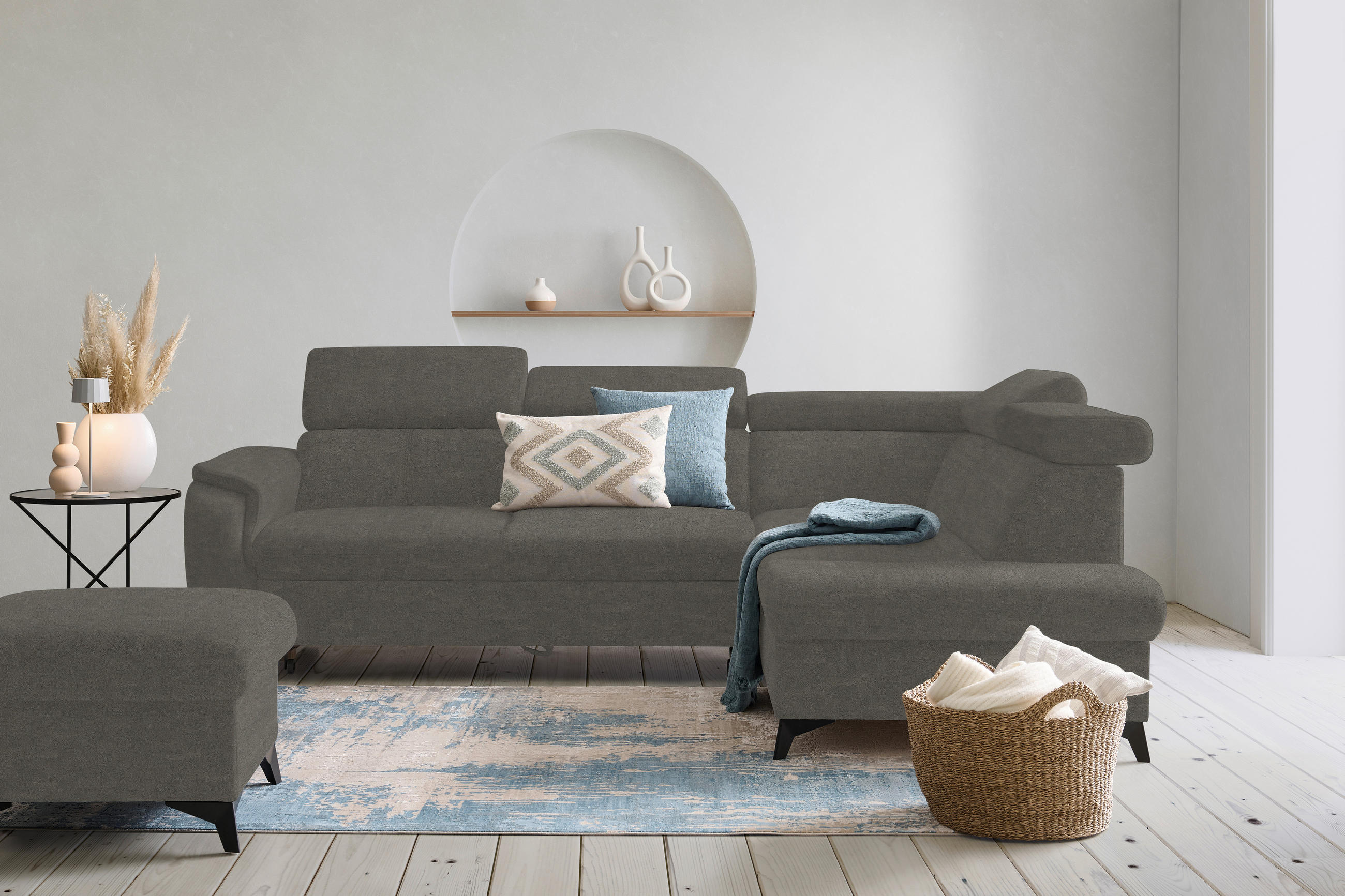 ECKSOFA in Mikrofaser Graubraun  - Graubraun/Schwarz, Design, Textil/Metall (260/203cm) - Stylife