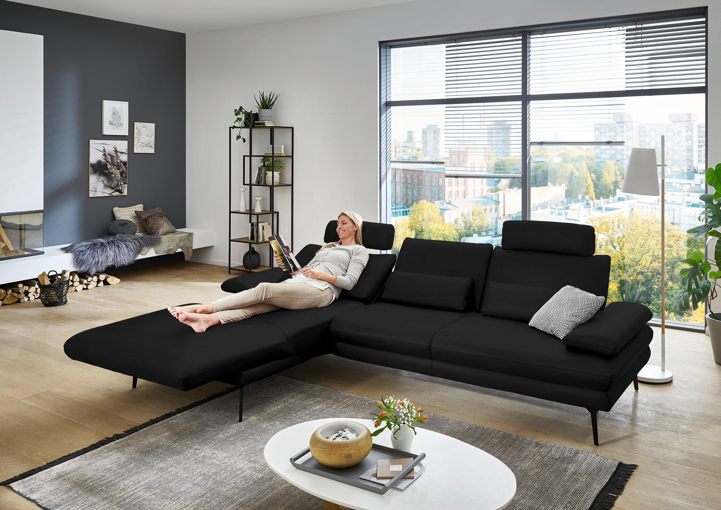 ECKSOFA in Echtleder Schwarz  - Schwarz, Design, Leder/Metall (180/310cm) - Dieter Knoll
