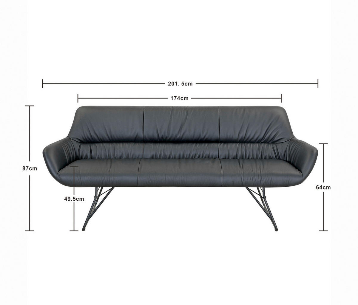 SITZBANK 201,5/87/67,5 cm Echtleder Schwarz  - Schwarz, Design, Leder/Metall (201,5/87/67,5cm) - Dieter Knoll