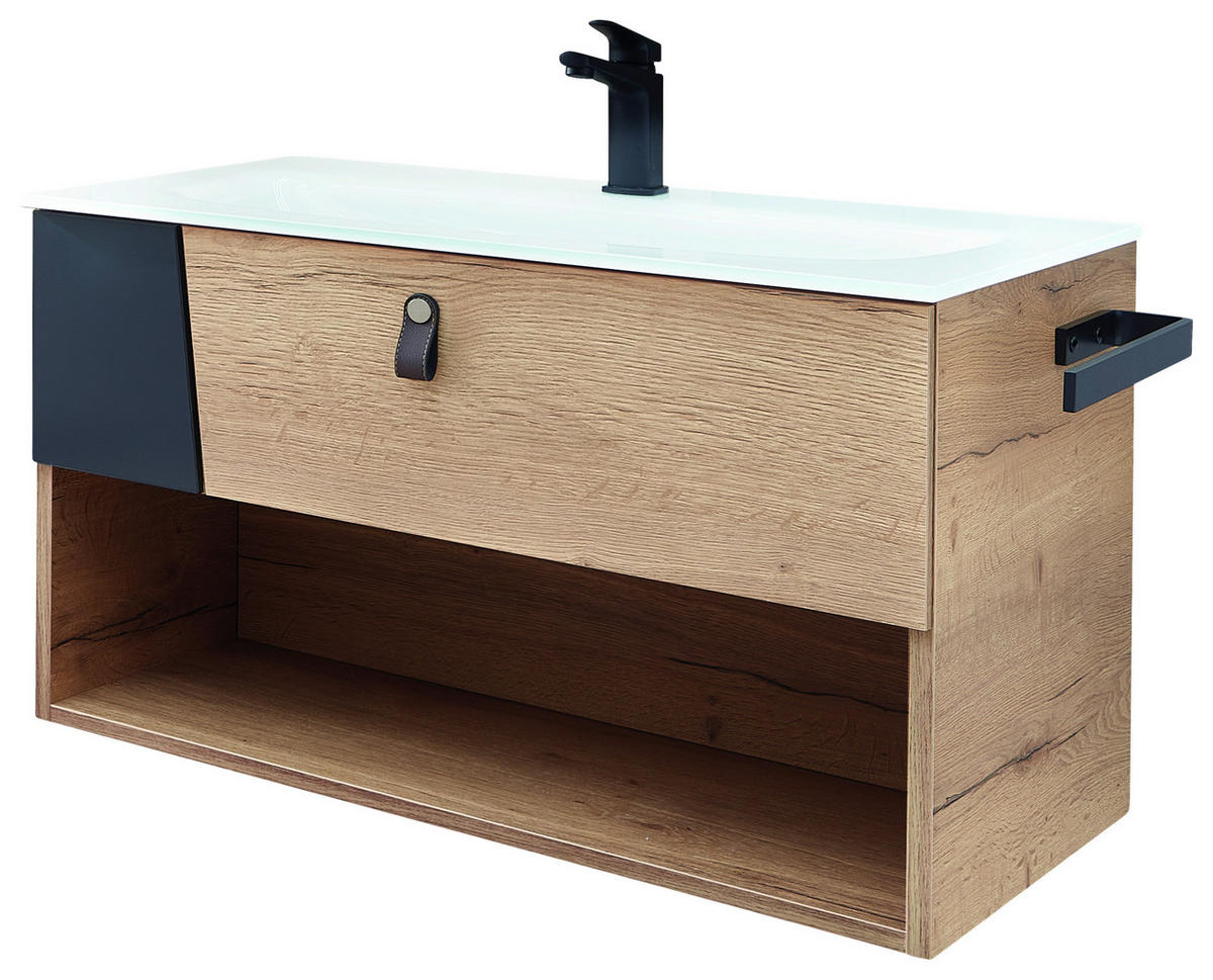 WASCHTISCHKOMBI 77 cm  - Eichefarben/Schwarz, KONVENTIONELL, Leder/Glas (77cm) - Sadena