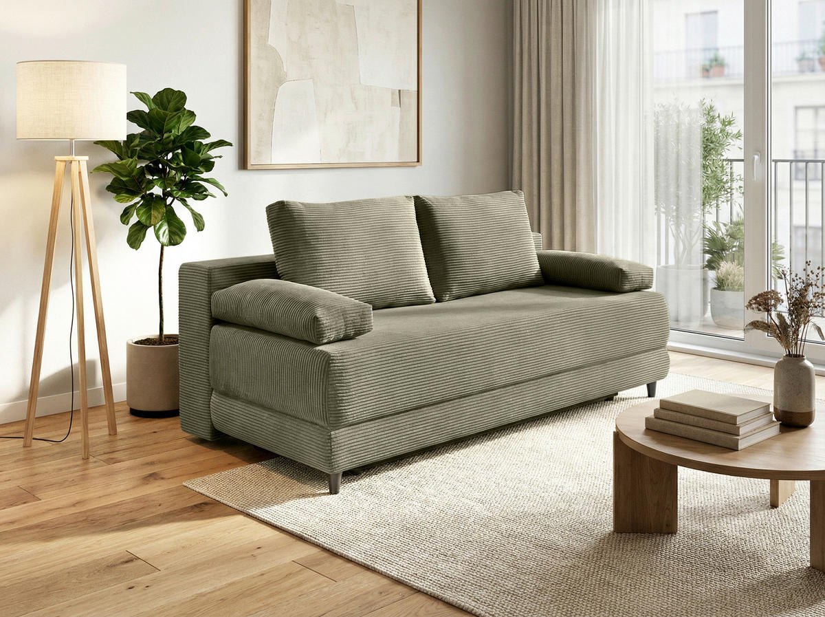 SCHLAFSOFA  mit Liegefunktion, Schlafen auf Sitzhöhe Cord Olivgrün  - Schwarz/Olivgrün, KONVENTIONELL, Holz/Textil (196/96/103cm) - Carryhome