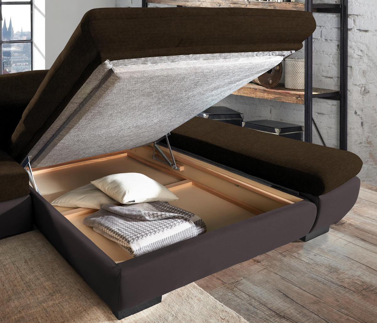ECKSOFA in Mikrofaser Braun  - Schwarz/Braun, Design, Textil/Metall (204/341cm) - Xora