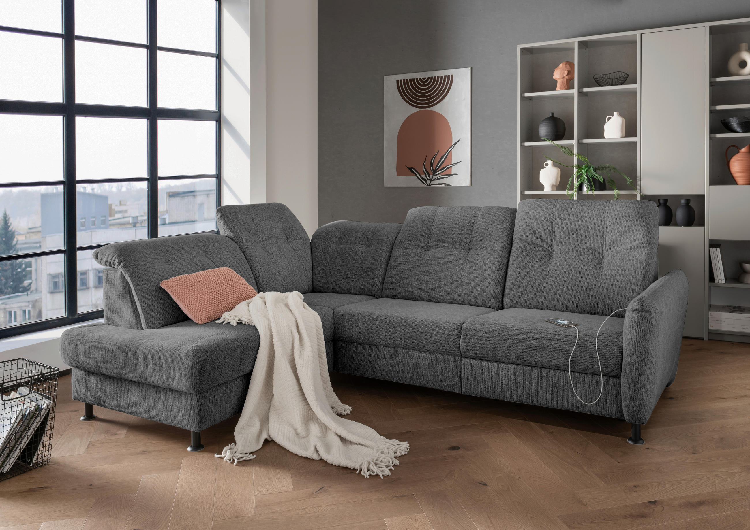 ECKSOFA in Chenille Anthrazit  - Anthrazit/Schwarz, Modern, Textil/Metall (198/270cm) - Livetastic