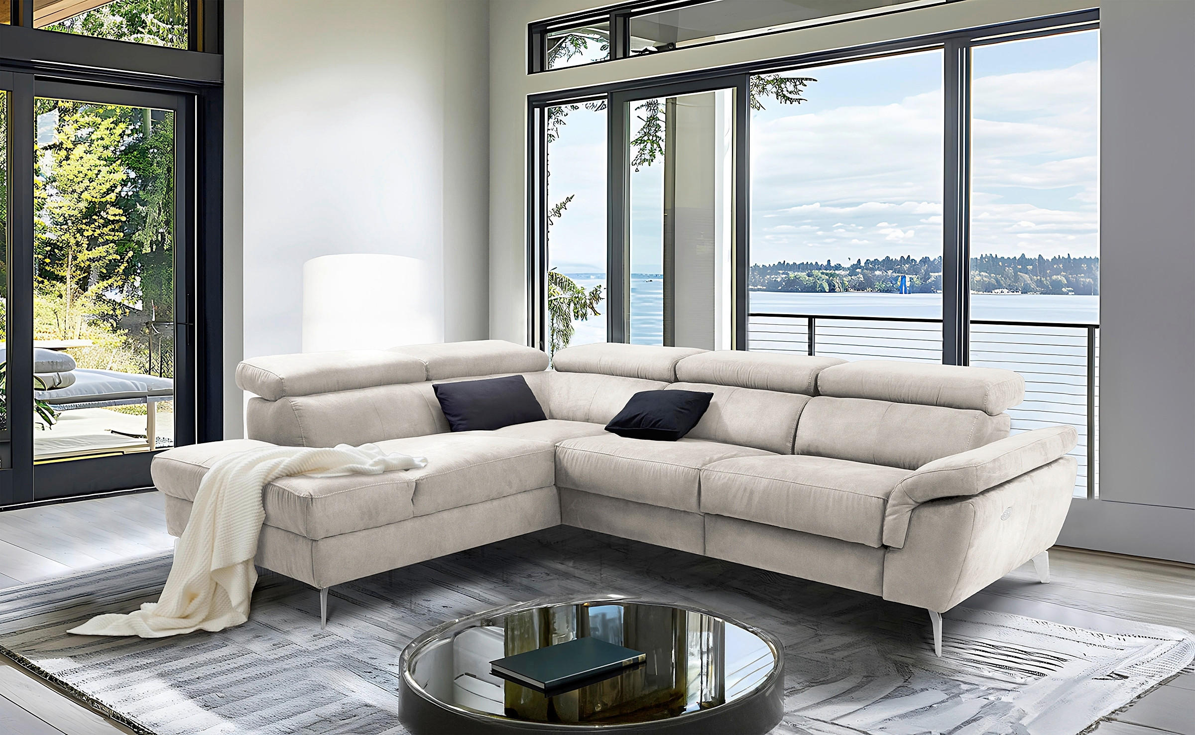 ECKSOFA SONO Hellgrau Lederlook Bettkasten, Armteilverstellung, Kopfteilverstellung  - Chromfarben/Hellgrau, Design, Textil/Metall (210/265cm) - Livetastic