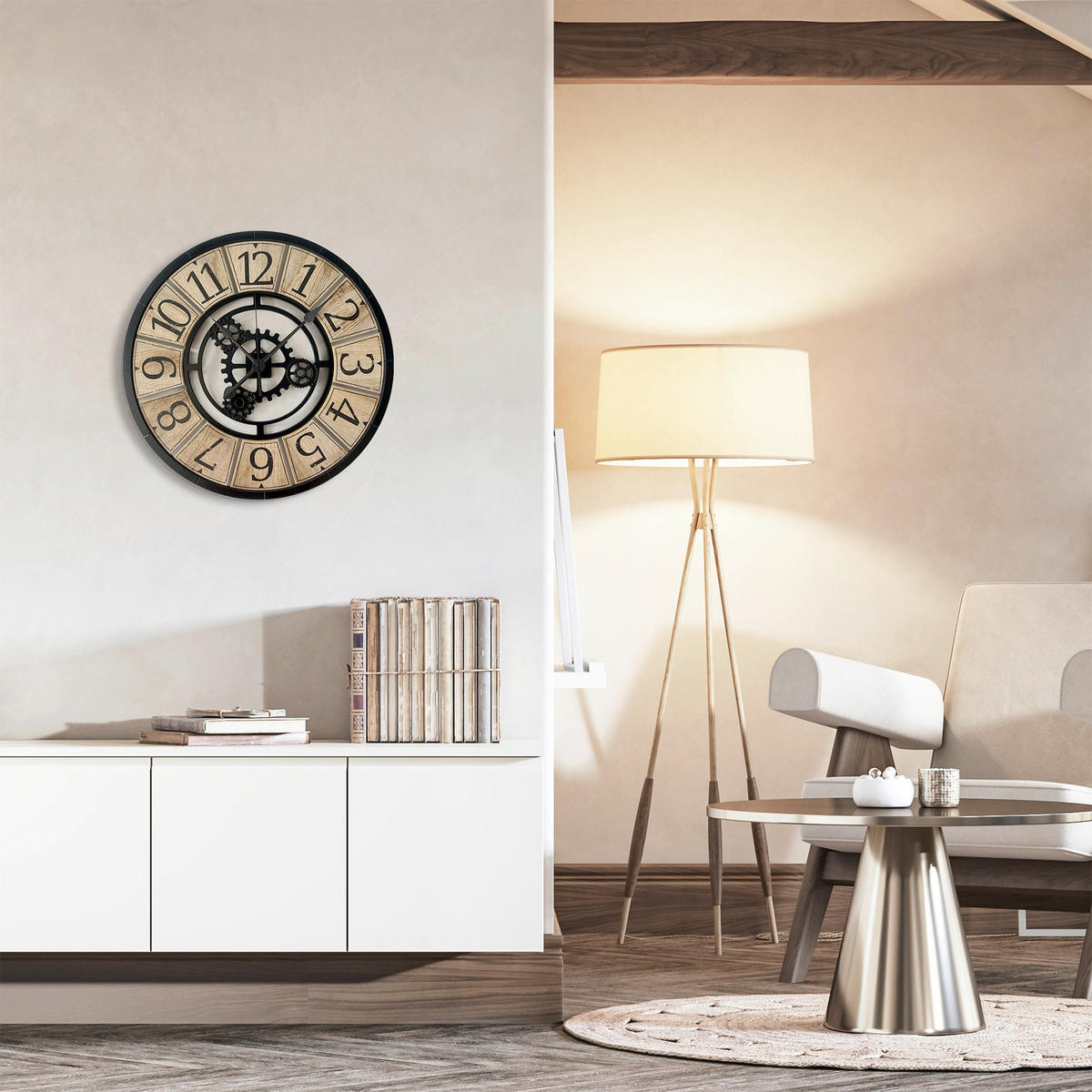 WANDUHR - Schwarz, Weiß, Eichefarben  - Eichefarben/Schwarz, Basics, Holz/Kunststoff (57cm)