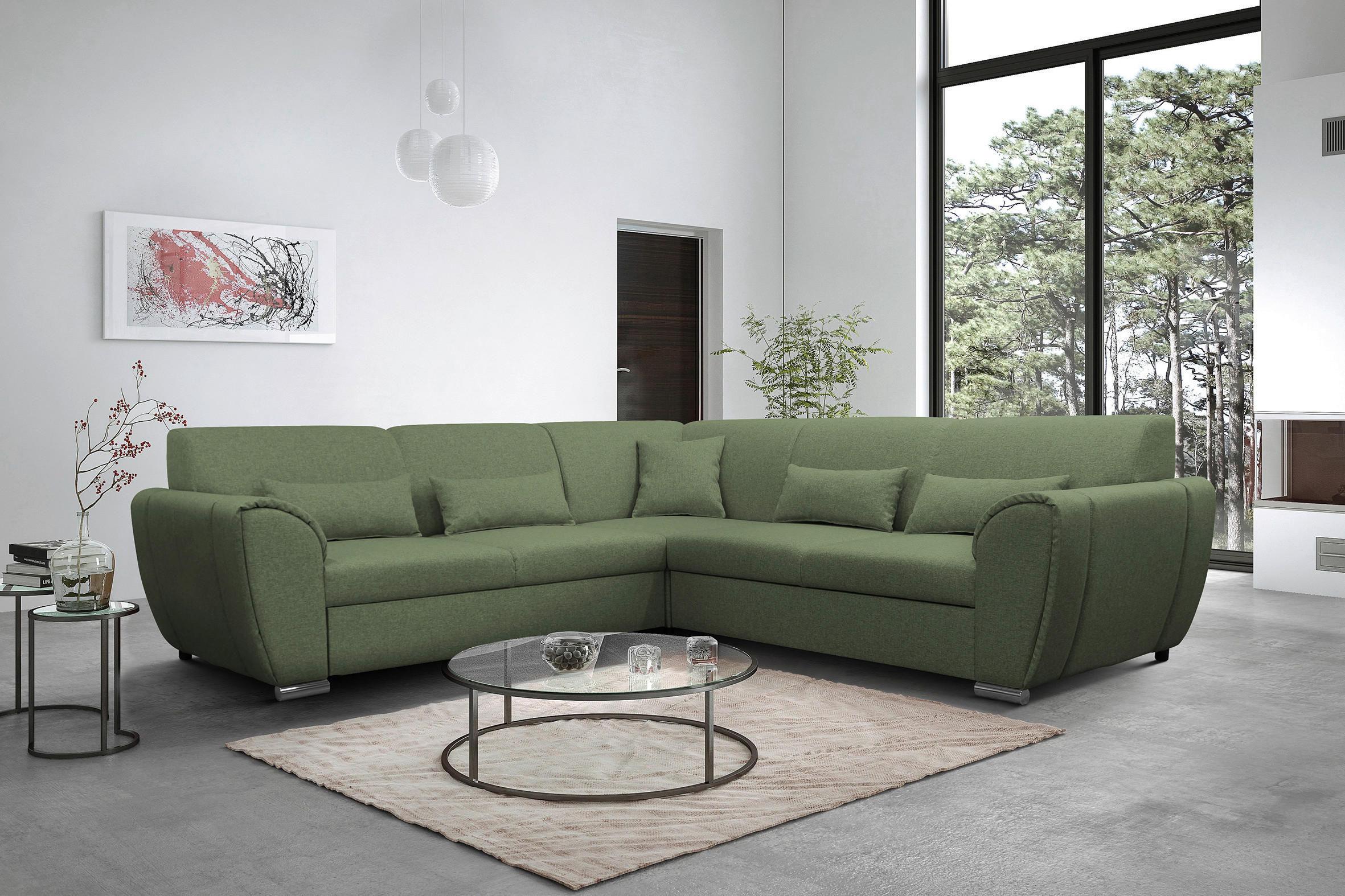 ECKSOFA Grün Flachgewebe  - Silberfarben/Grün, Design, Kunststoff/Textil (266/266cm) - Livetastic