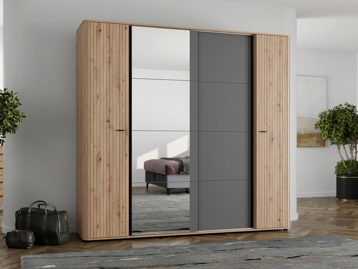 KLEIDERSCHRANK 232/218,5/58 cm,  in Graphitfarben, Schwarz, Eiche Artisan, 4-türig  - Graphitfarben/Schwarz, MODERN, Glas/Holzwerkstoff (232/218,5/58cm) - MID.YOU