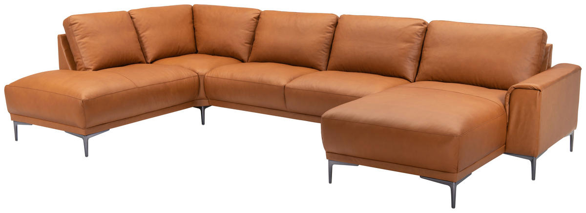SOFFA i brun  - kromfärg/brun, Modern, metall/läder (385/88/163/210cm) - Welnova