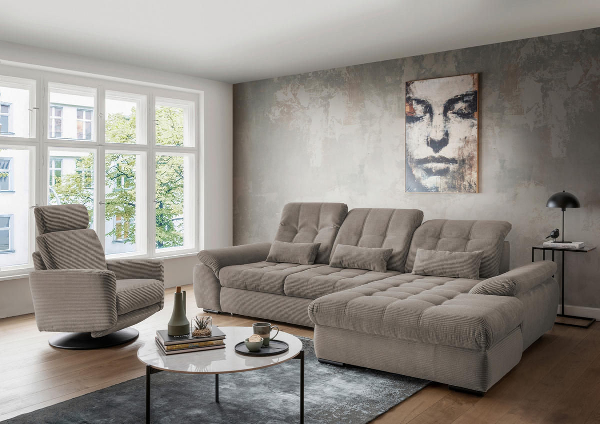 ECKSOFA in Cord Graubraun  - Graubraun/Schwarz, Modern, Textil/Metall (314/184cm) - Livetastic