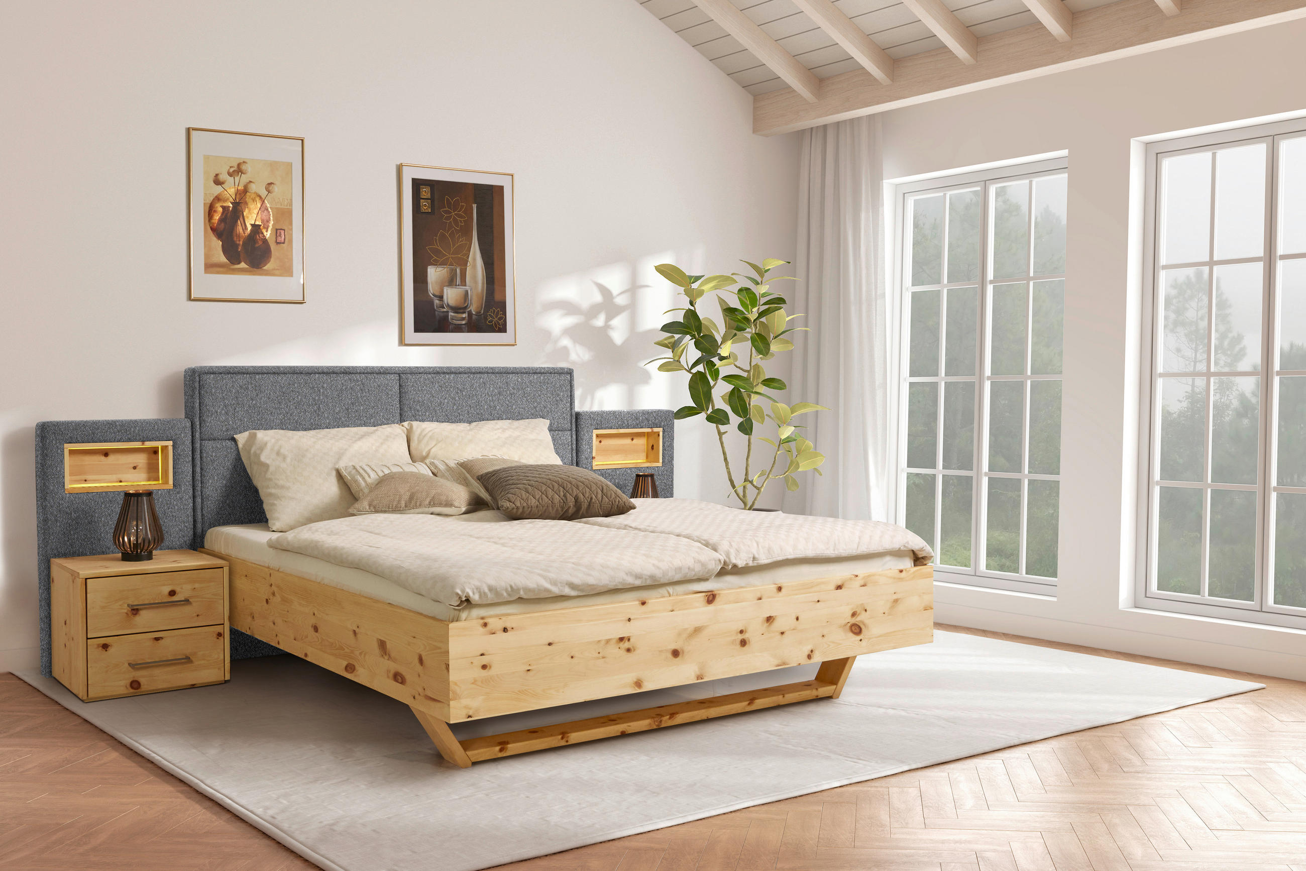 BETT 200/200 cm  in Zirbelkieferfarben, Hellgrau   - Zirbelkieferfarben/Hellgrau, Natur, Holz/Textil (200/200cm) - Valnatura
