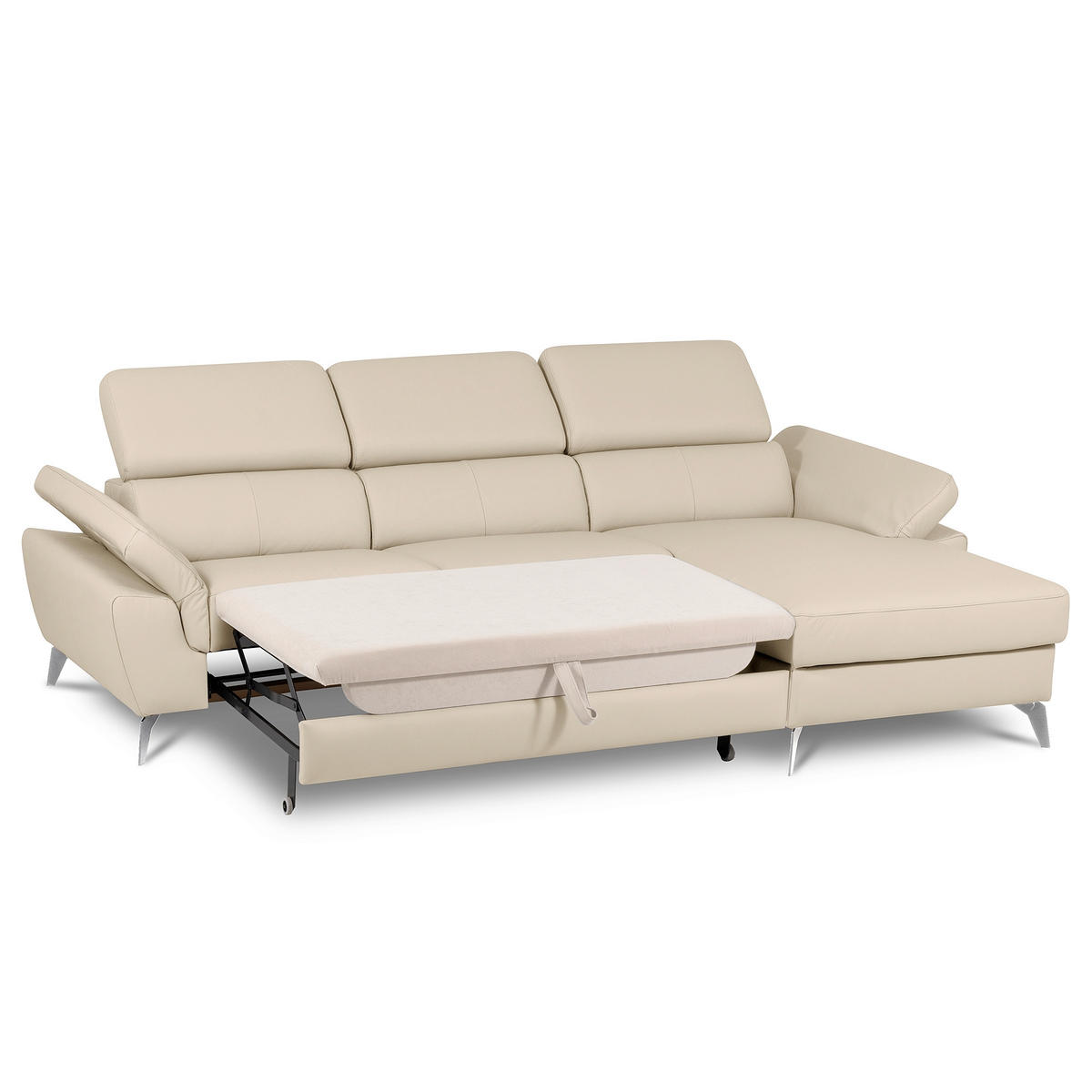 ECKSOFA Grau Echtleder Lederlook Bettkasten, Schlaffunktion, Rücken echt, Armteilverstellung, Kopfteilverstellung  - Chromfarben/Grau, Design, Leder/Textil (252/179cm) - Livetastic