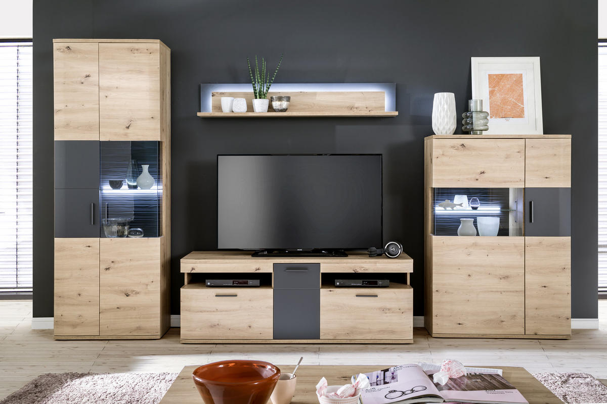 OBÝVACÍ STĚNA, antracitová, čiré, barvy dubu - barvy dubu/černá, Design, kov/kompozitní dřevo (330/198/50cm) - Livetastic