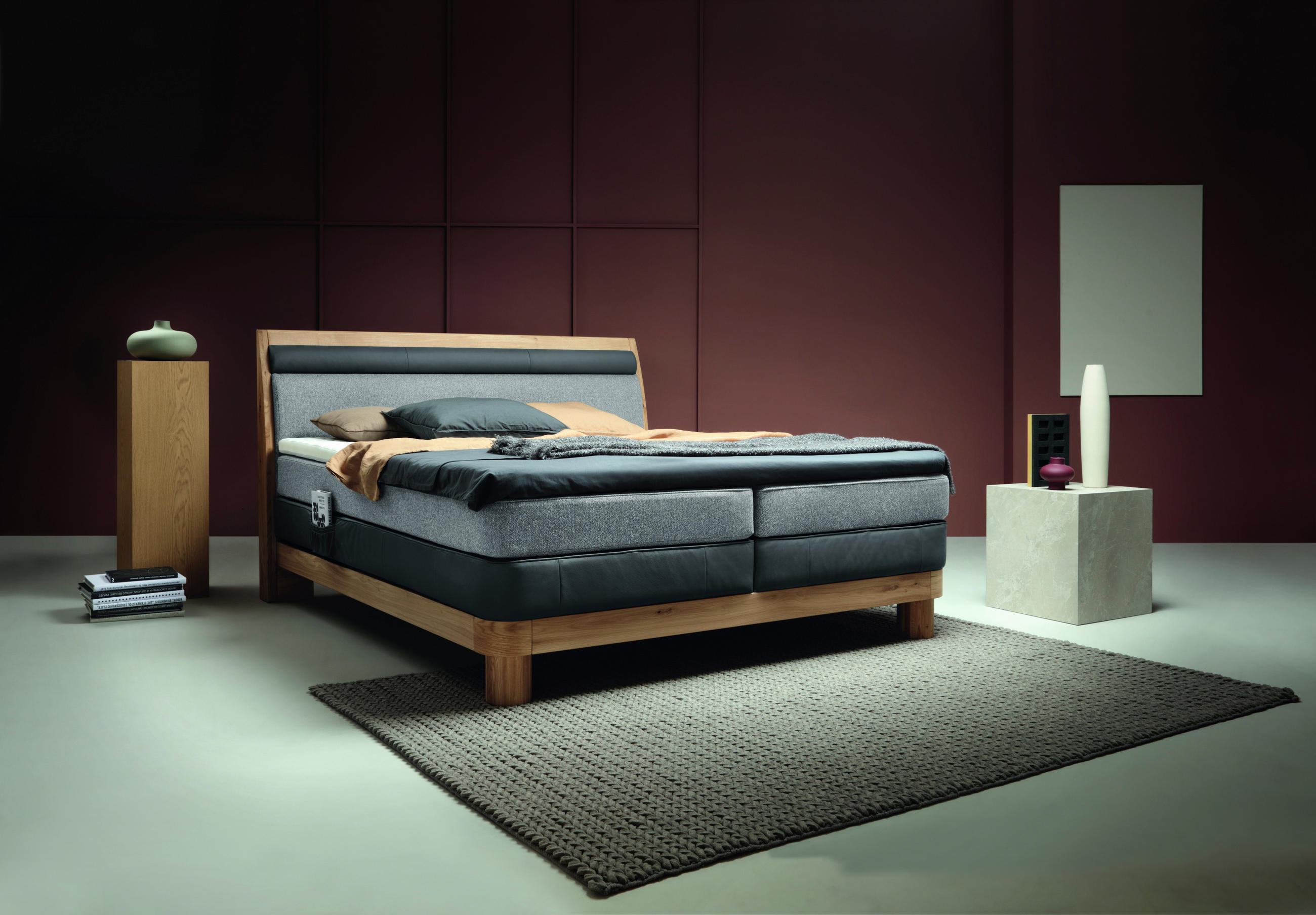 BOXSPRINGBETT 180/200 cm  in Taupe, Eichefarben, Dunkelgrau  - Taupe/Eichefarben, Konventionell, Leder/Holz (180/200cm) - Valnatura