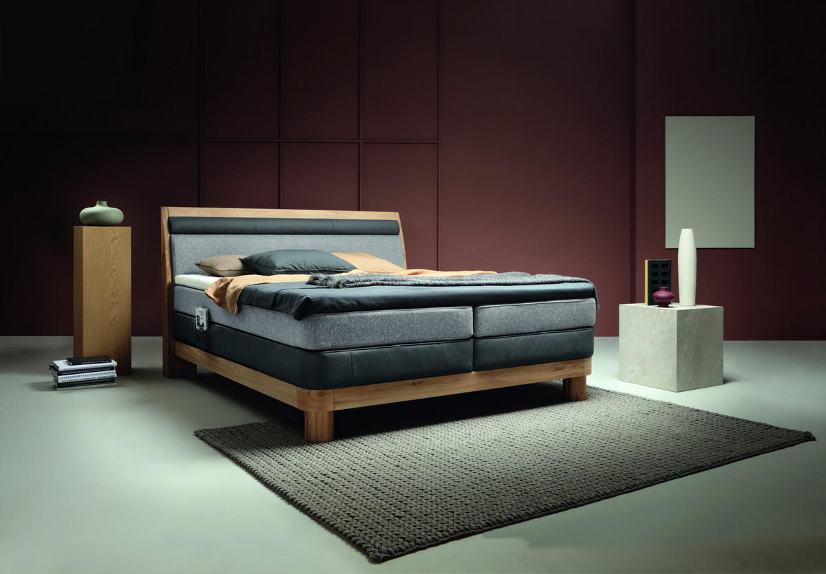 BOXSPRINGBETT 180/200 cm  in Taupe, Eichefarben, Dunkelgrau  - Taupe/Eichefarben, KONVENTIONELL, Leder/Holz (180/200cm) - Valnatura