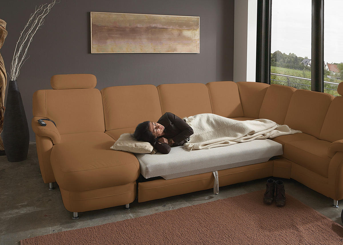 WOHNLANDSCHAFT Echtleder Hellbraun  - Hellbraun/Alufarben, Konventionell, Leder/Metall (165/329/239cm) - Beldomo Premium