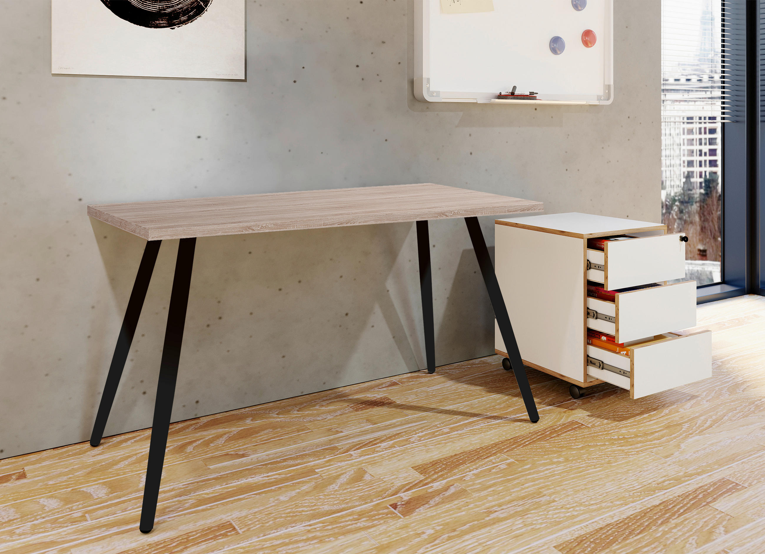SCHREIBTISCH 138/80/70 cm  in Schwarz, Sonoma Eiche  - Schwarz/Sonoma Eiche, MODERN, Holzwerkstoff/Metall (138/80/70cm) - MID.YOU