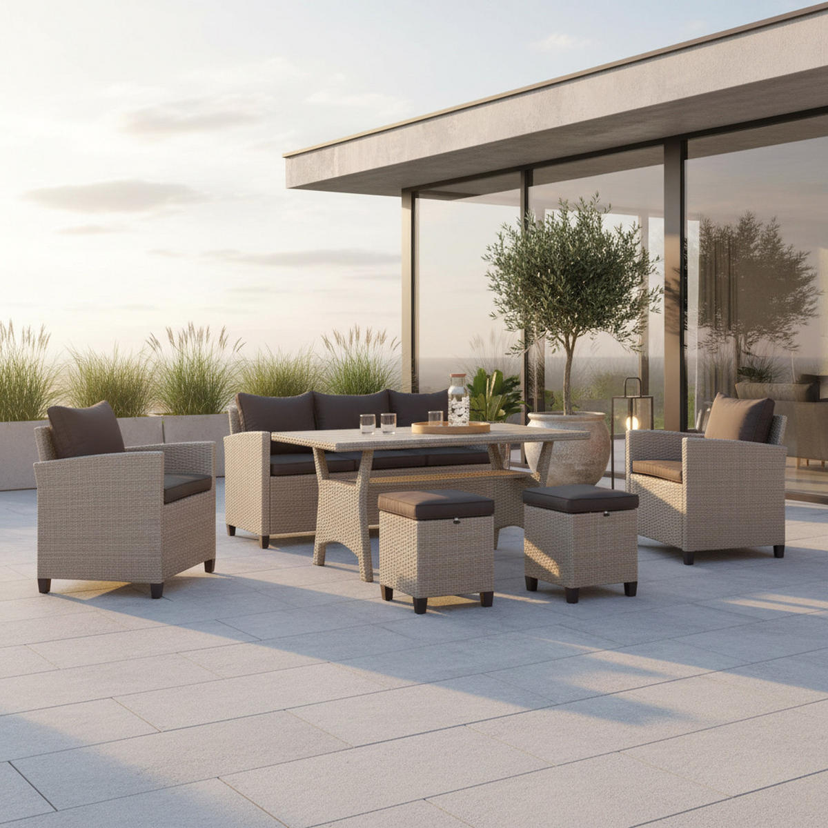 LOUNGEGARNITUR 16-teilig   172/75/65 cm Stahl  - Dunkelbraun/Naturfarben, KONVENTIONELL, Kunststoff/Textil (172/75/65cm) - Gardenson