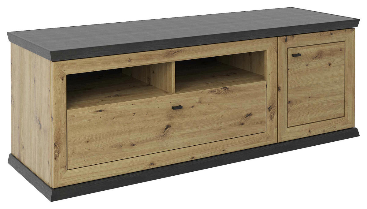 KOMODA POD TELEVIZI, tmavě šedá, dub artisan, 150/55,6/50 cm - černá/tmavě šedá, Basics, kov/kompozitní dřevo (150/55,6/50cm) - Hom`in