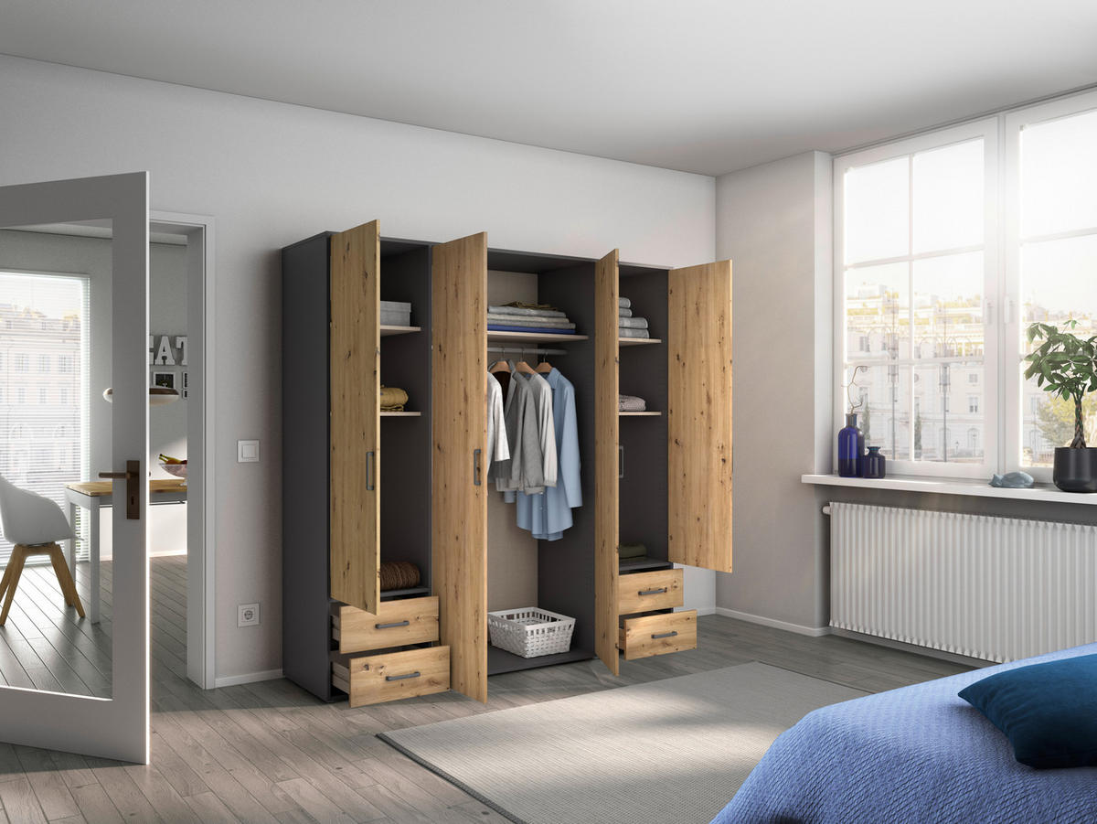DREHTÜRENSCHRANK 187/194/53 cm 4-türig Grau, Eiche Artisan  - Eiche Artisan/Grau, MODERN, Holzwerkstoff/Kunststoff (187/194/53cm) - Rauch Möbel
