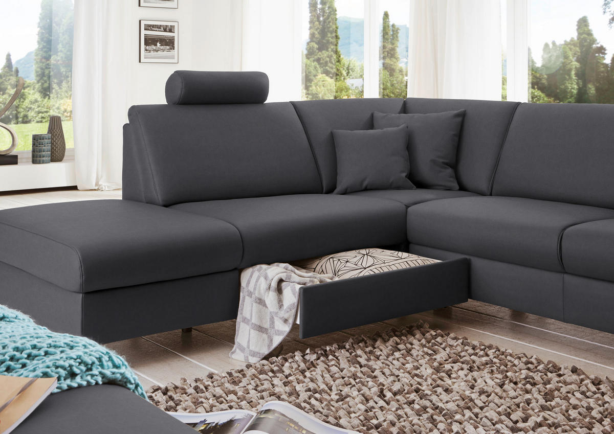 WOHNLANDSCHAFT in Echtleder Anthrazit  - Anthrazit/Alufarben, Design, Leder/Metall (233/339/165cm) - Beldomo Premium