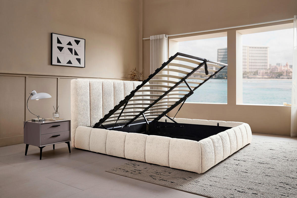POLSTERBETT gepolstertes Kopfteil, Lattenrost, Bettkasten 180/200 cm  in Beige  - Beige/Schwarz, Design, Holz/Kunststoff (180/200cm) - Boxxx