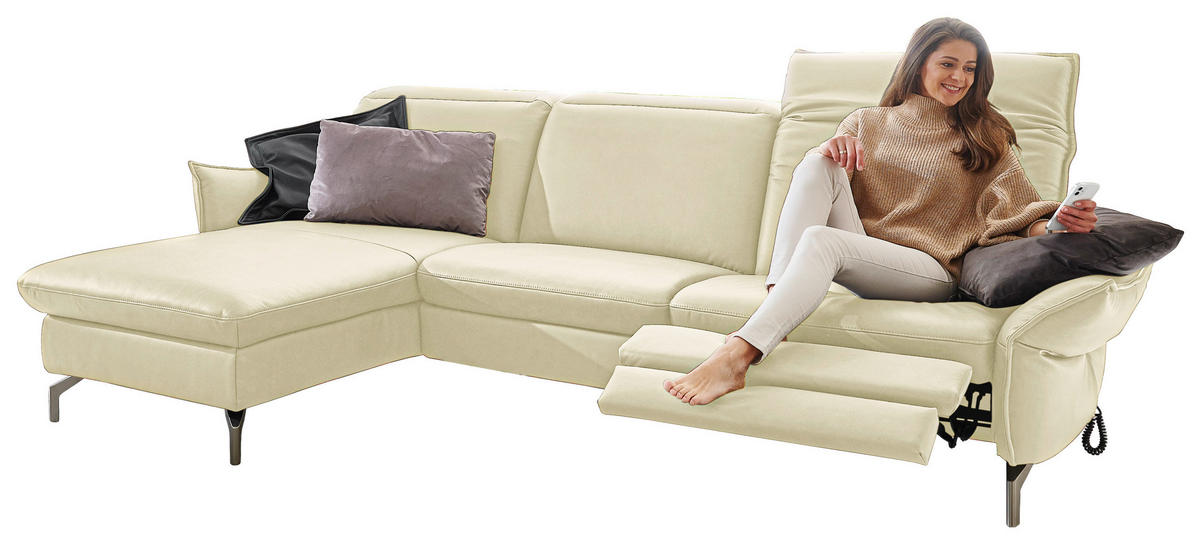 ECKSOFA in Echtleder Creme  - Creme/Nickelfarben, Modern, Leder/Metall (179/233cm) - Livetastic