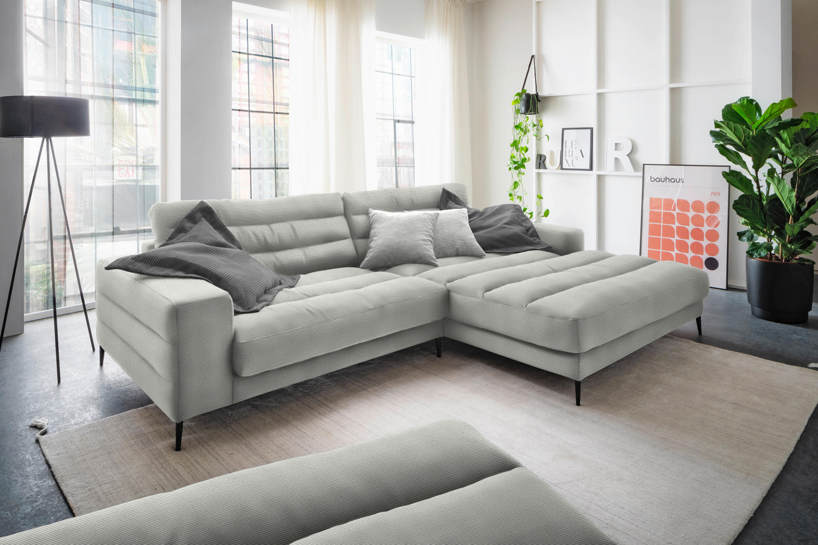 ECKSOFA in Cord Hellgrau  - Hellgrau/Schwarz, Design, Textil/Metall (296/207cm) - Dieter Knoll