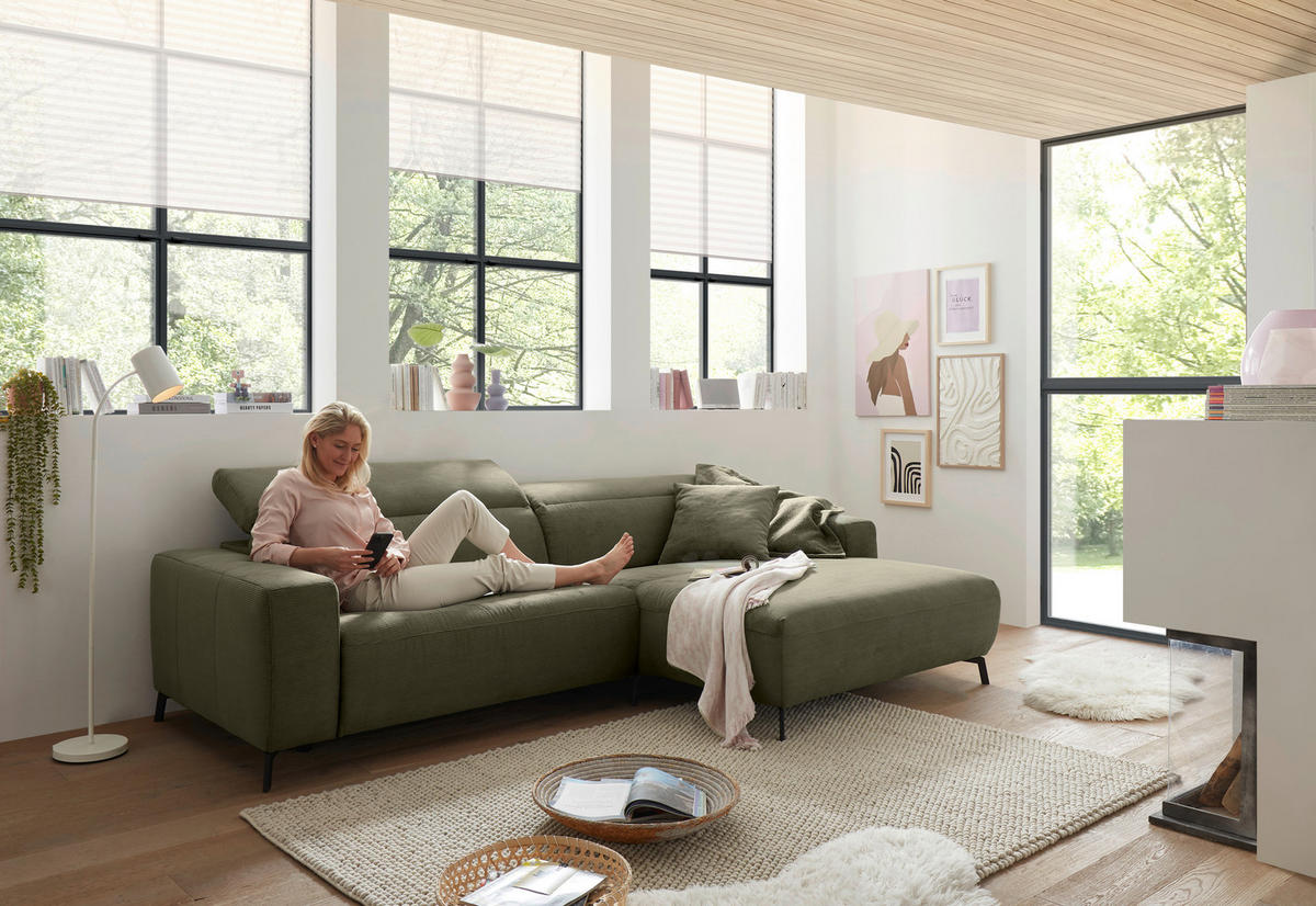 ECKSOFA in Feincord Olivgrün  - Schwarz/Olivgrün, Design, Textil/Metall (294/172-177cm) - Pure Home Lifestyle