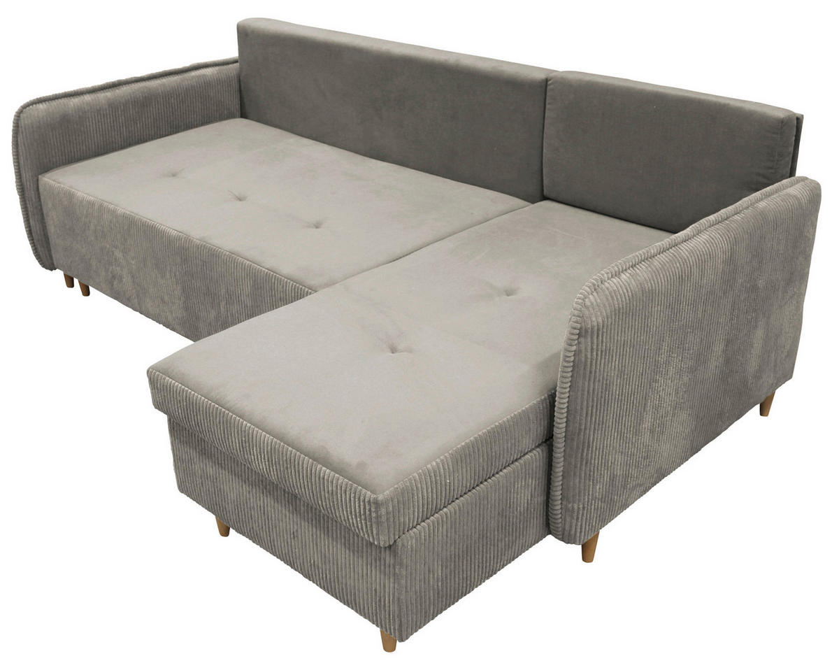 ECKSOFA TEDDY Grau Cord, Bouclé Zierkissen, Rückenkissen, Bettkasten  - Naturfarben/Grau, Design, Holz/Textil (215/142cm) - MID.YOU