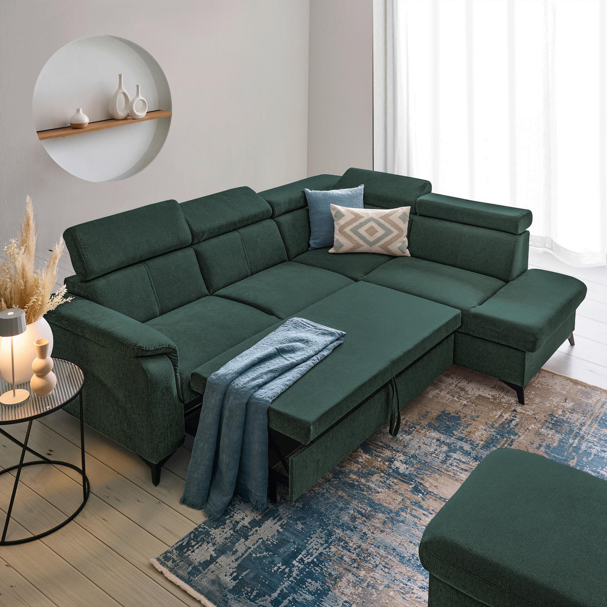 Ecksofa inkl. Funktionen in Chenille Petrol, Dunkelgrün  - Dunkelgrün/Petrol, Design, Textil/Metall (260/203cm) - Stylife