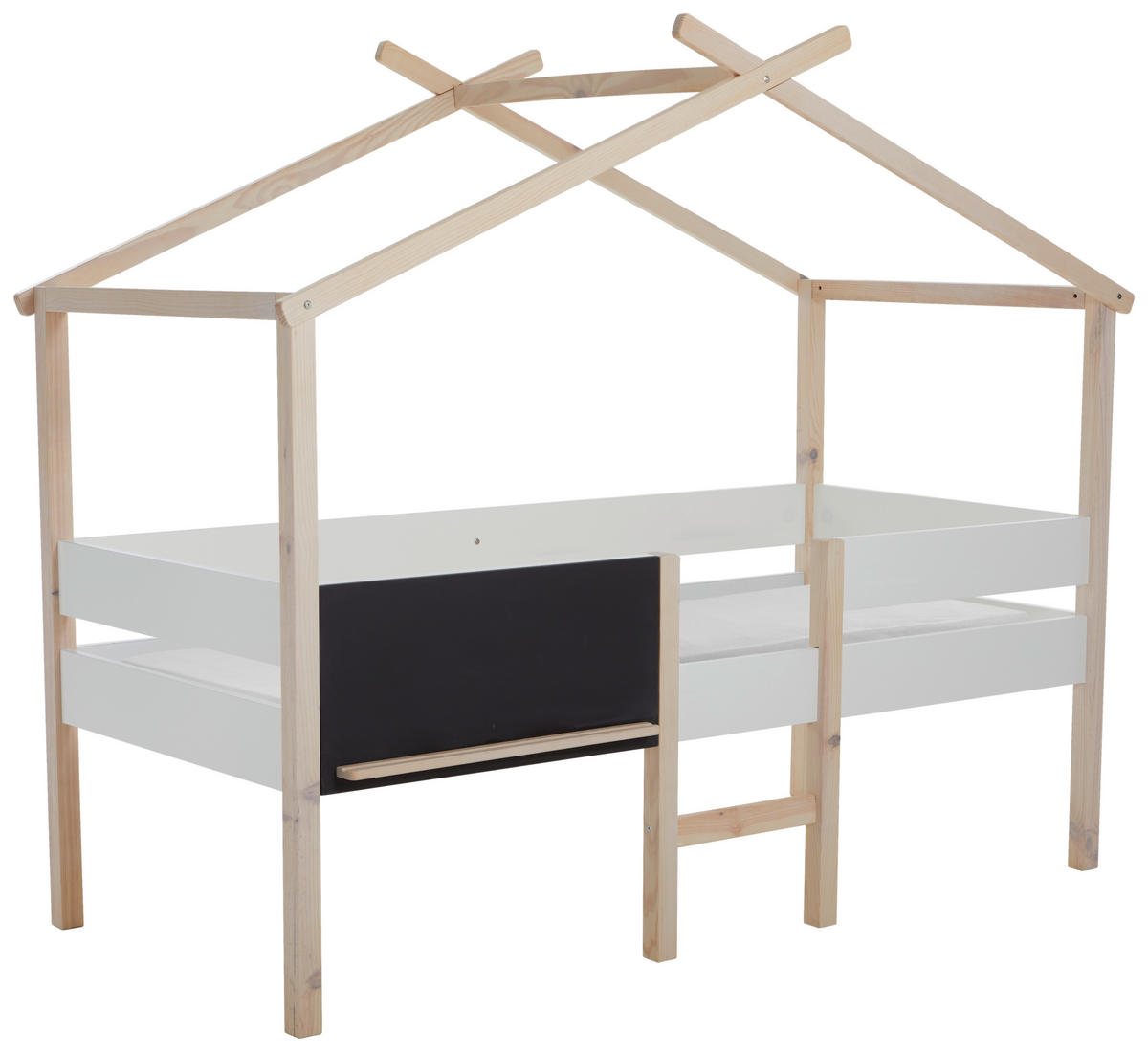HAUSBETT 90/200 cm,  in Schwarz, Weiß, Kieferfarben, Leiter, Rollrost  - Schwarz/Weiß, Design, Holz/Holzwerkstoff (90/200cm) - Xora